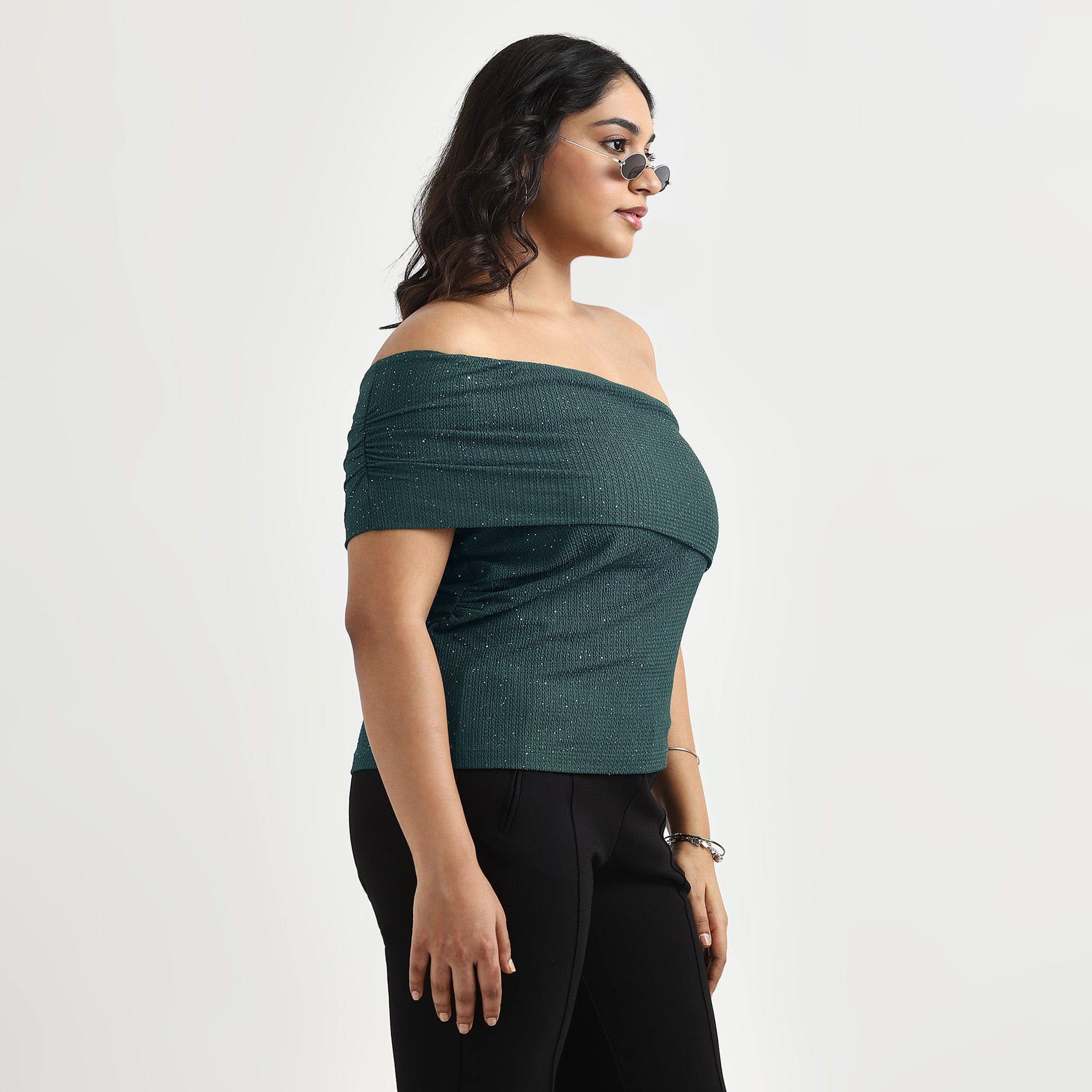 Dark Green Glitter Textured Knit Plus Size One-Shoulder Top