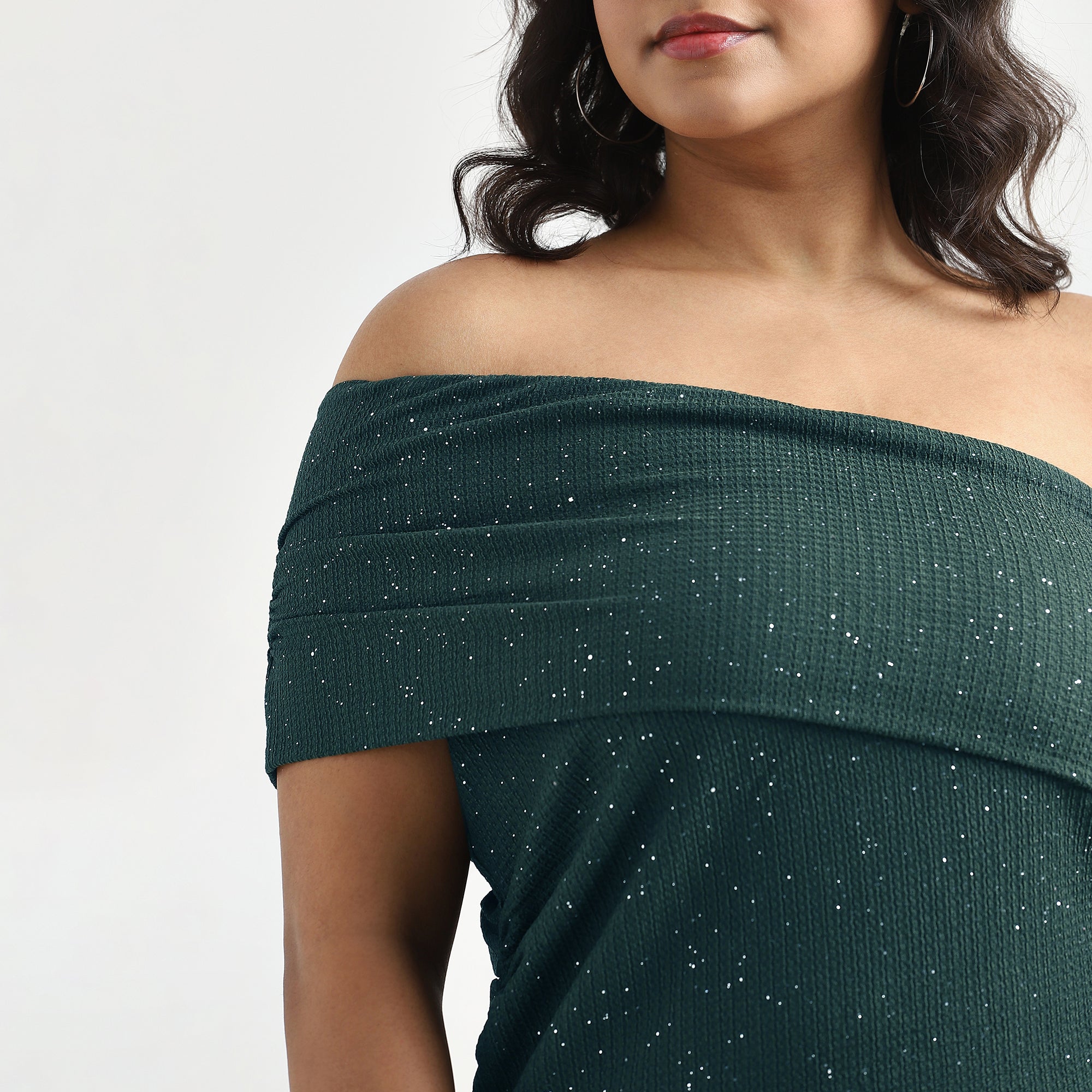 Dark Green Glitter Textured Knit Plus Size One-Shoulder Top