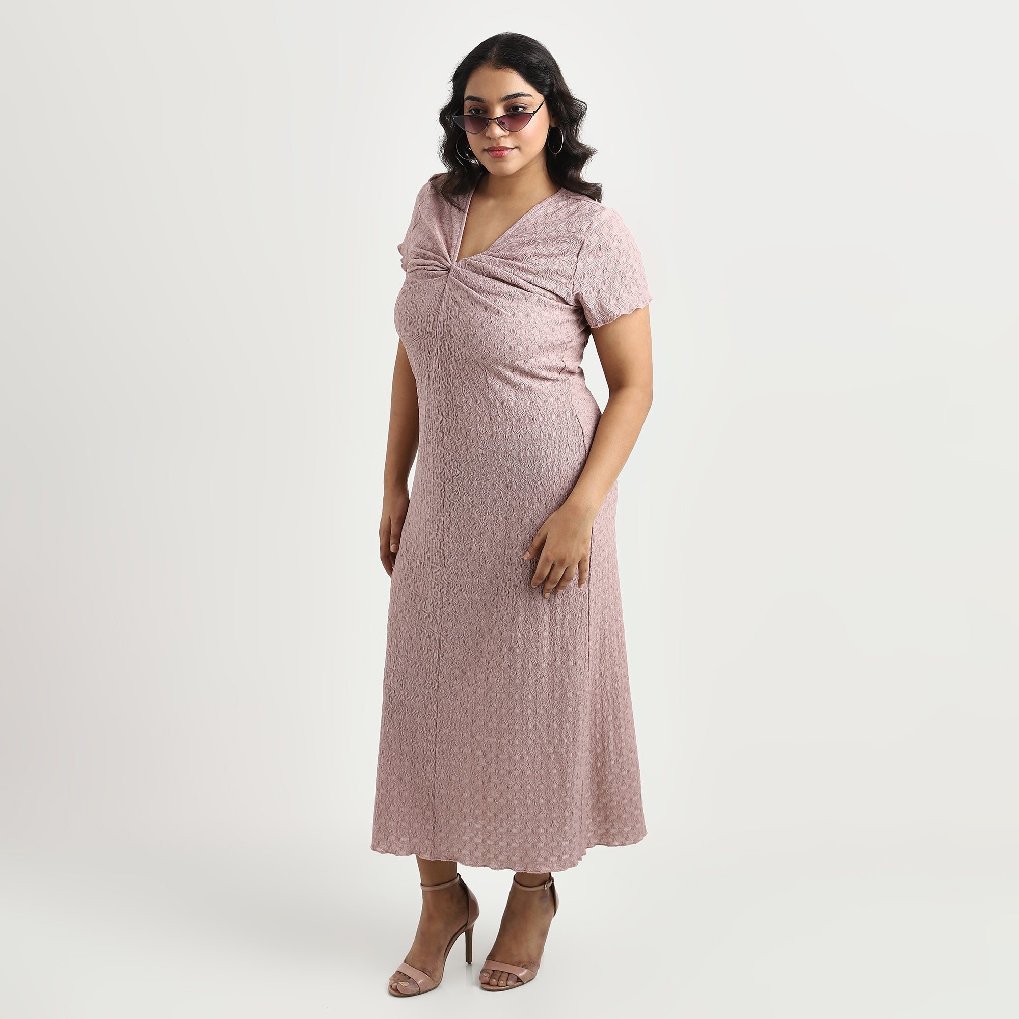 Dusty Pink Textured Knit Plus Size Twist Detail Midi Dress