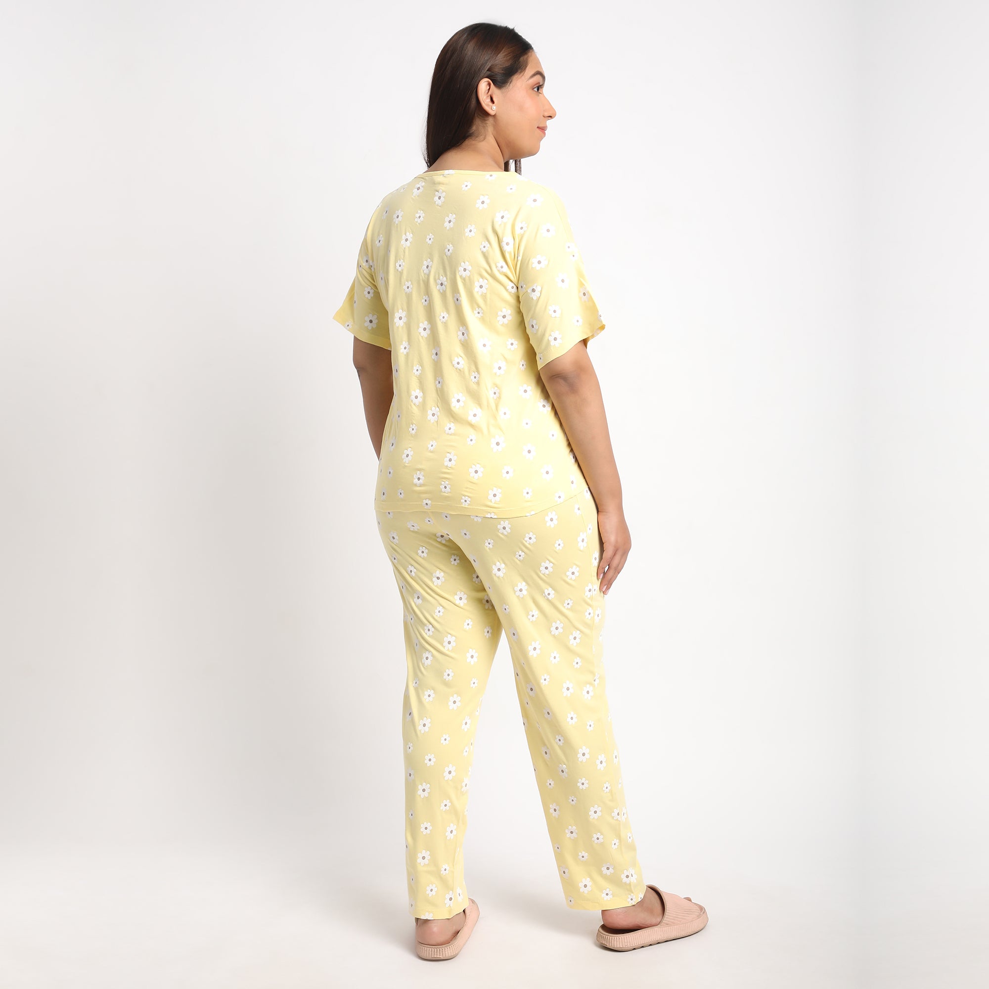 Yellow Floral Printed Plus Size Cotton Jersey PJ Set Product Image 3