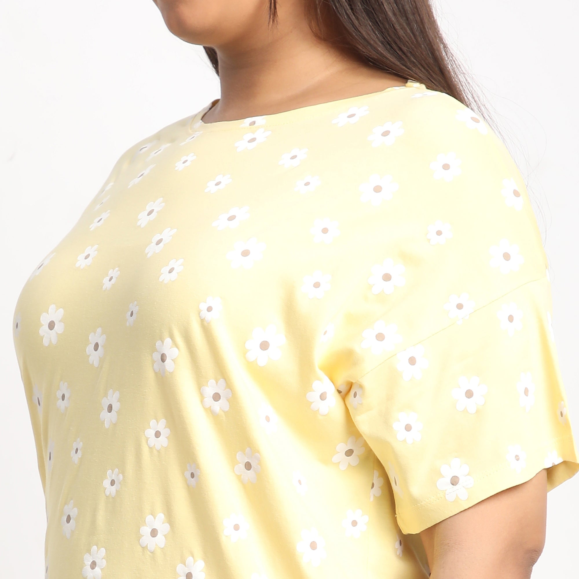 Yellow Floral Printed Plus Size Cotton Jersey PJ Set Product Image 6