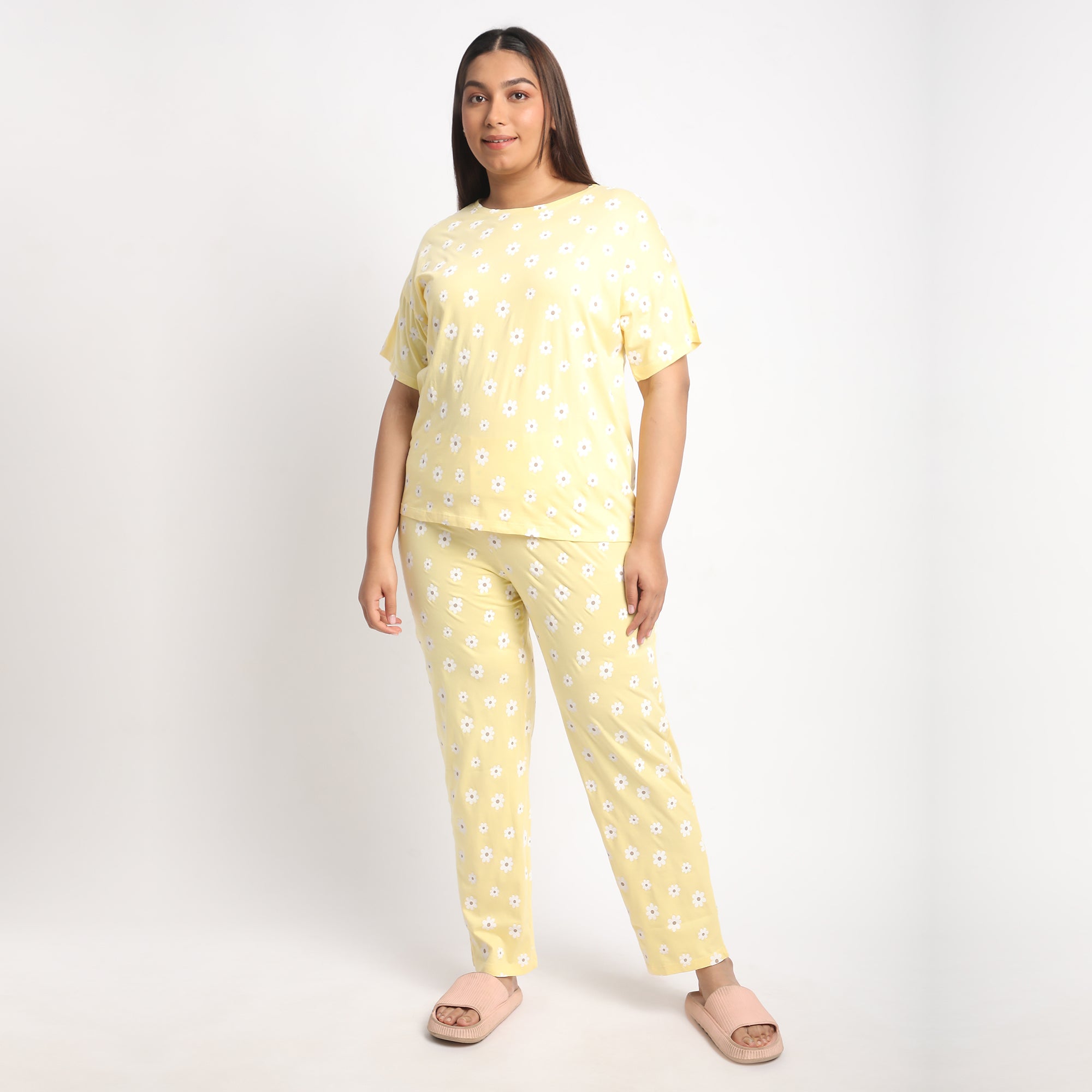 Yellow Floral Printed Plus Size Cotton Jersey PJ Set Product Image 2