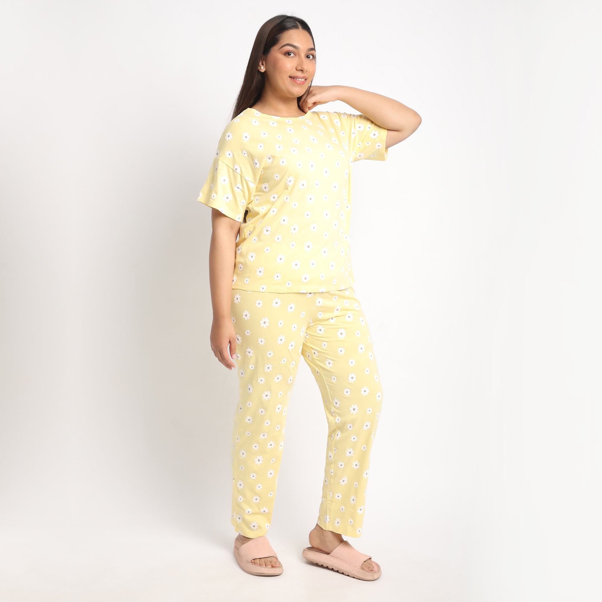 Yellow Floral Printed Plus Size Cotton Jersey PJ Set Product Image 1