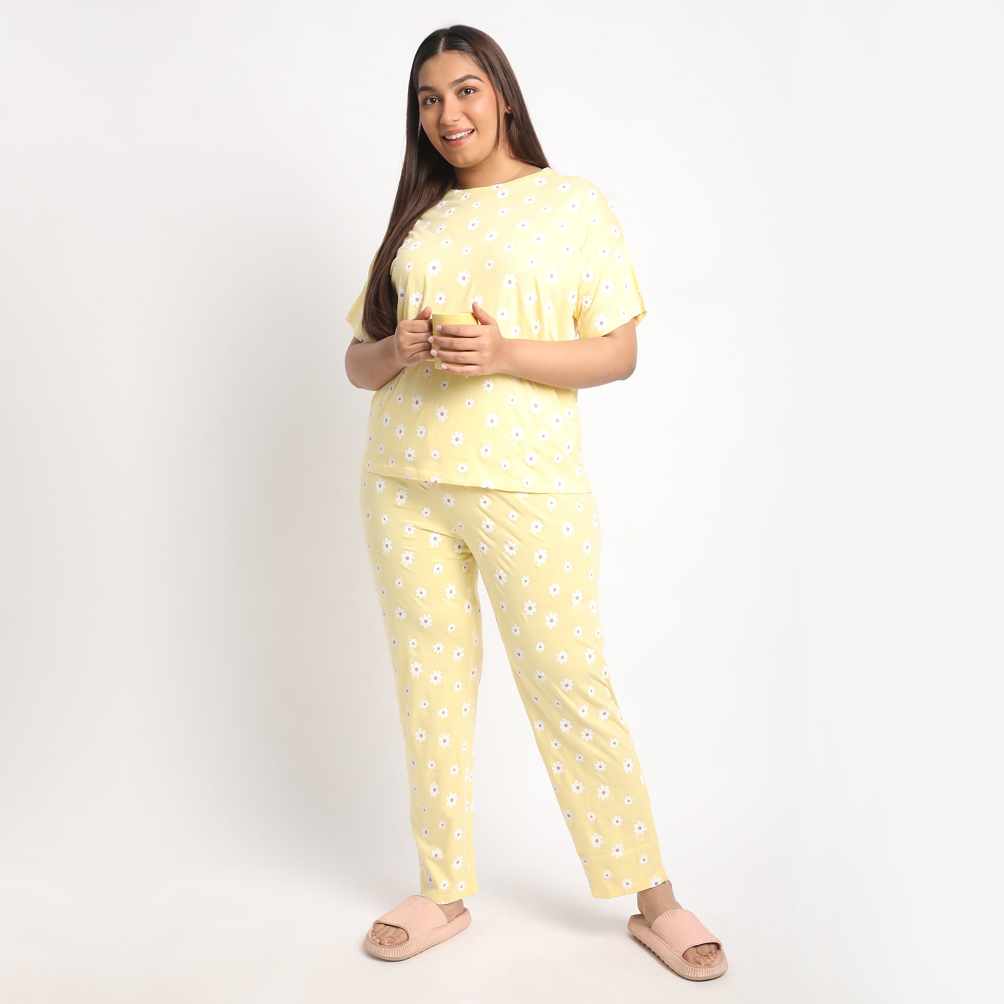 Yellow Floral Printed Plus Size Cotton Jersey PJ Set Product Image 4