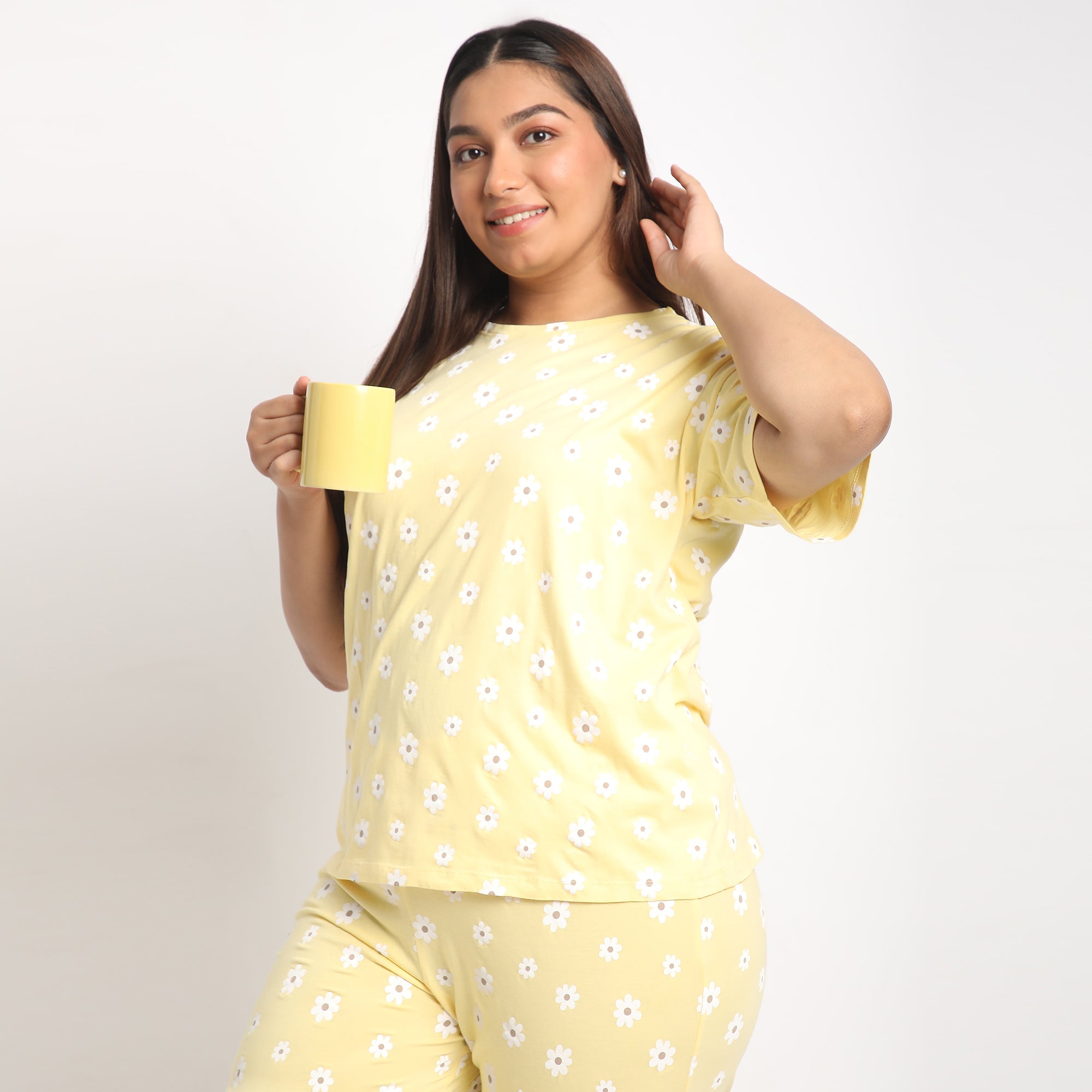 Yellow Floral Printed Plus Size Cotton Jersey PJ Set Product Image 5