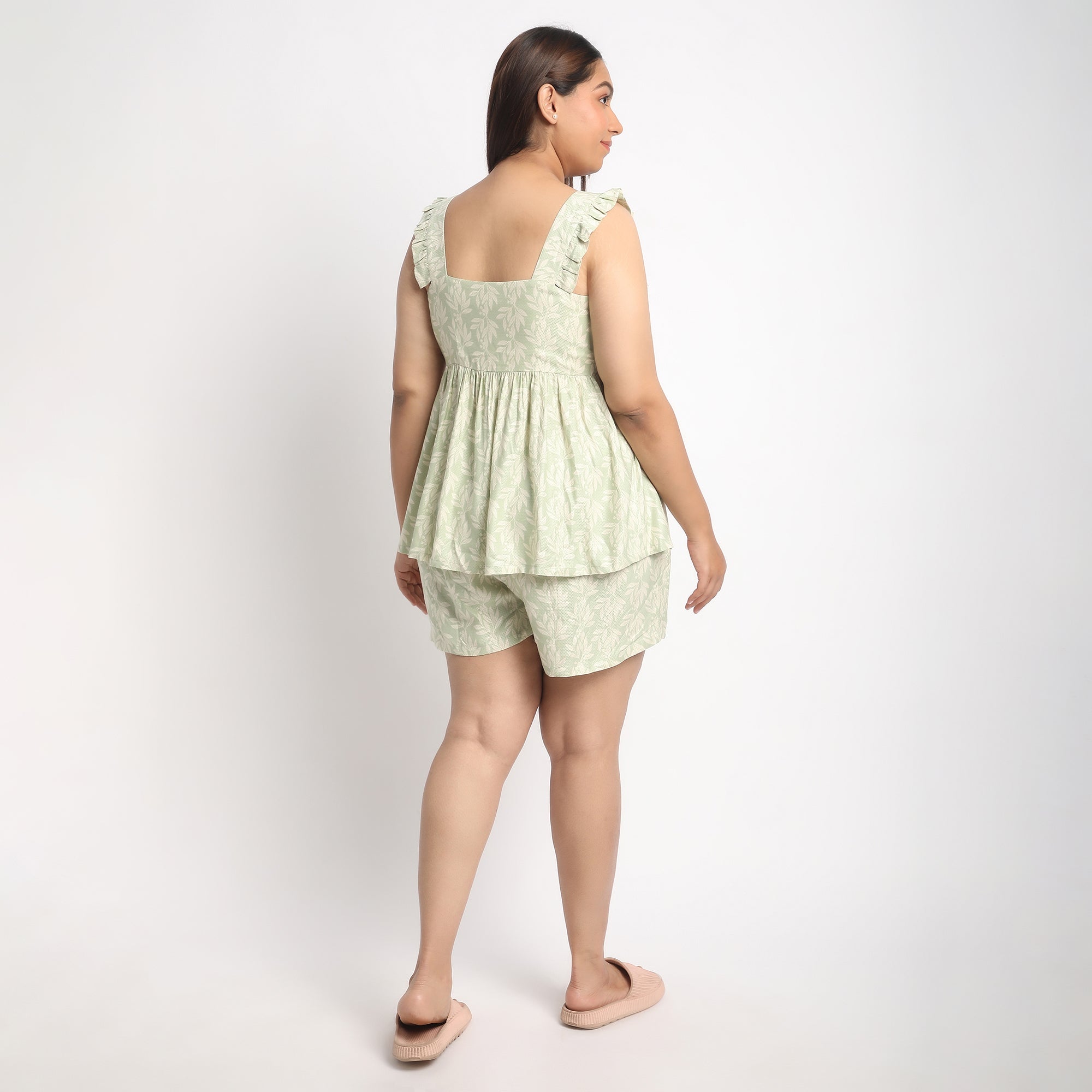 Light Green Viscose Dobby Plus Size Ruffle Sleeve Short Set Product Image 4