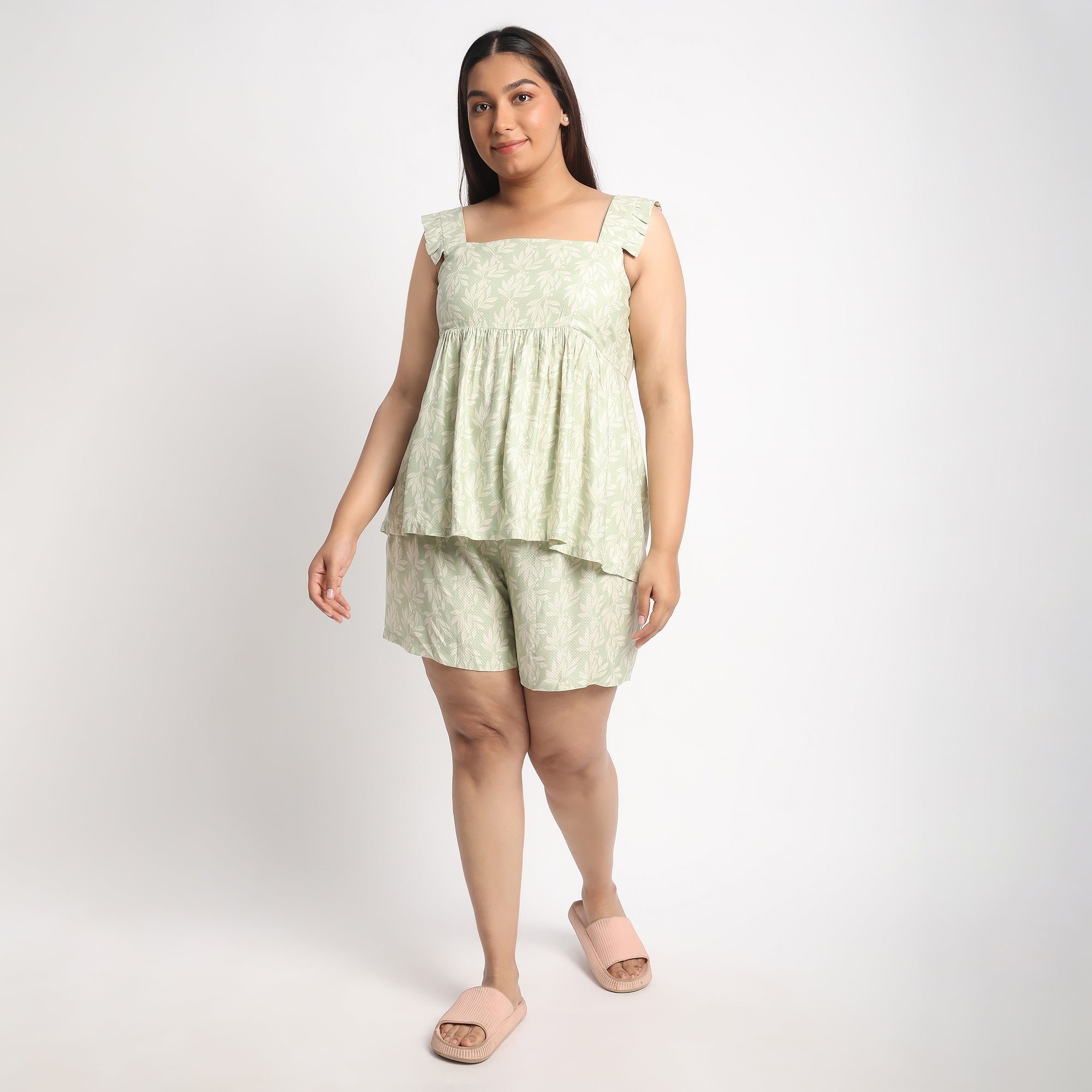 Light Green Viscose Dobby Plus Size Ruffle Sleeve Short Set Product Image 2