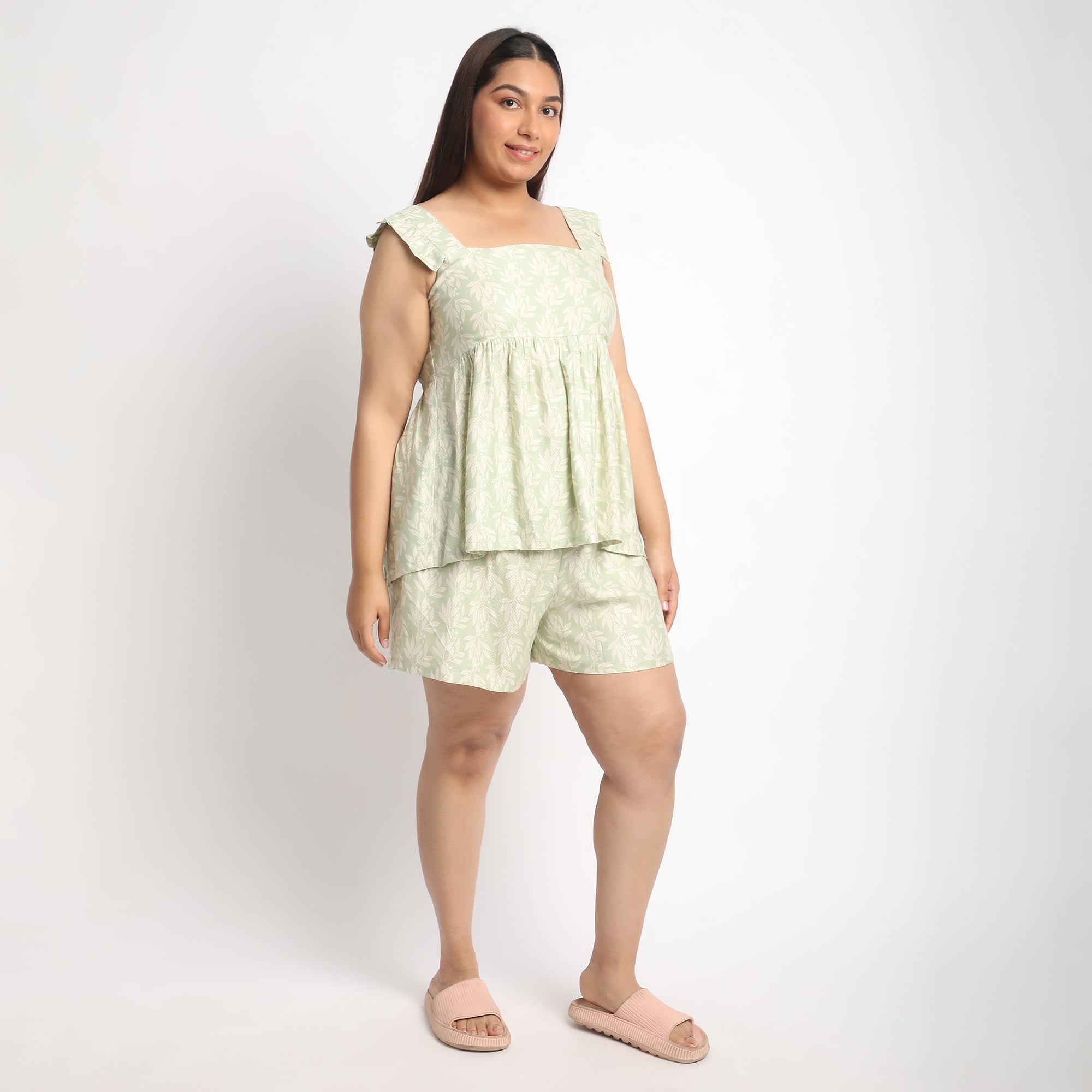 Light Green Viscose Dobby Plus Size Ruffle Sleeve Short Set Product Image 3