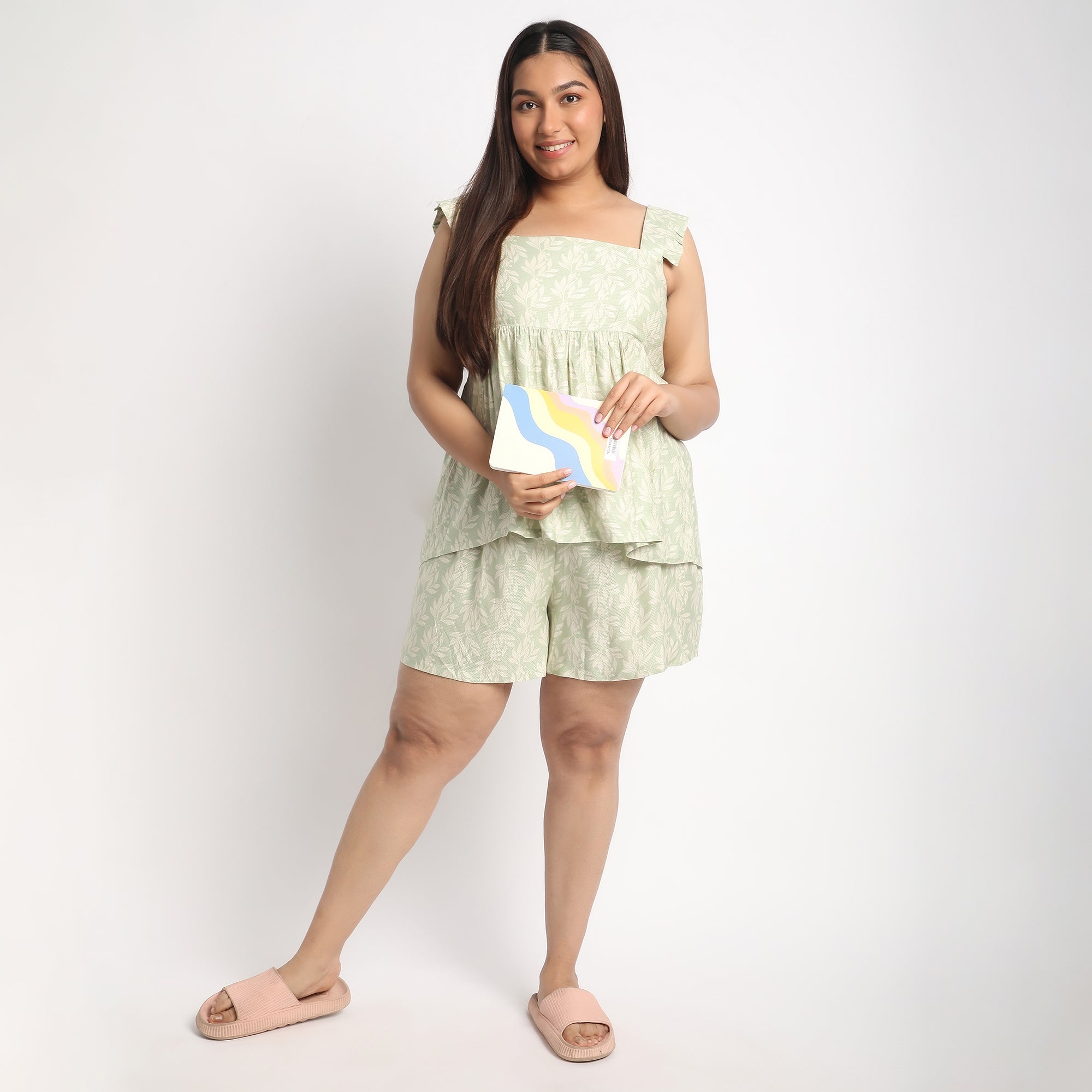 Light Green Viscose Dobby Plus Size Ruffle Sleeve Short Set Product Image 1