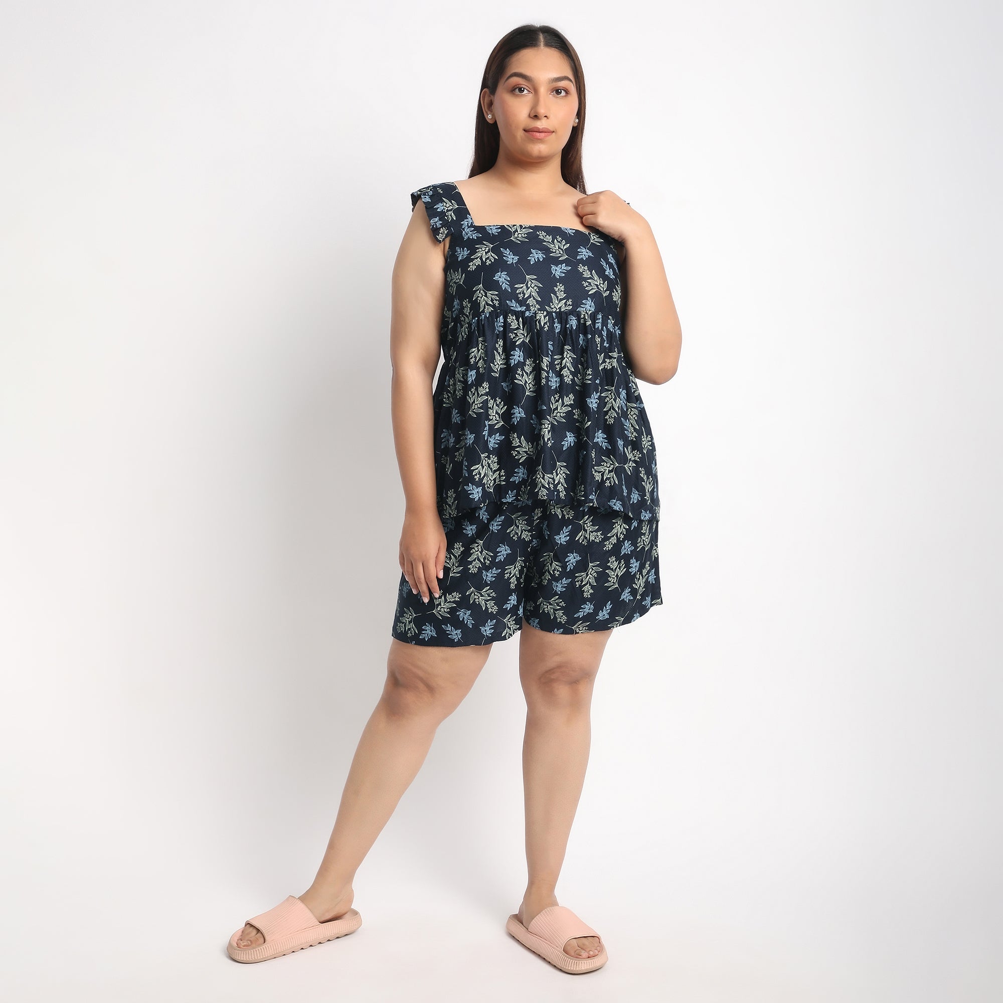 Navy Viscose Dobby Plus Size Ruffle Sleeve Short Set Product Image 2