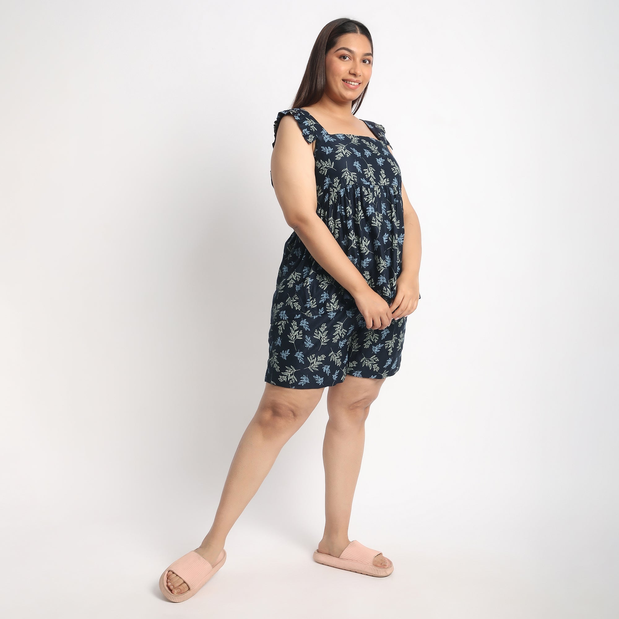 Navy Viscose Dobby Plus Size Ruffle Sleeve Short Set Product Image 3