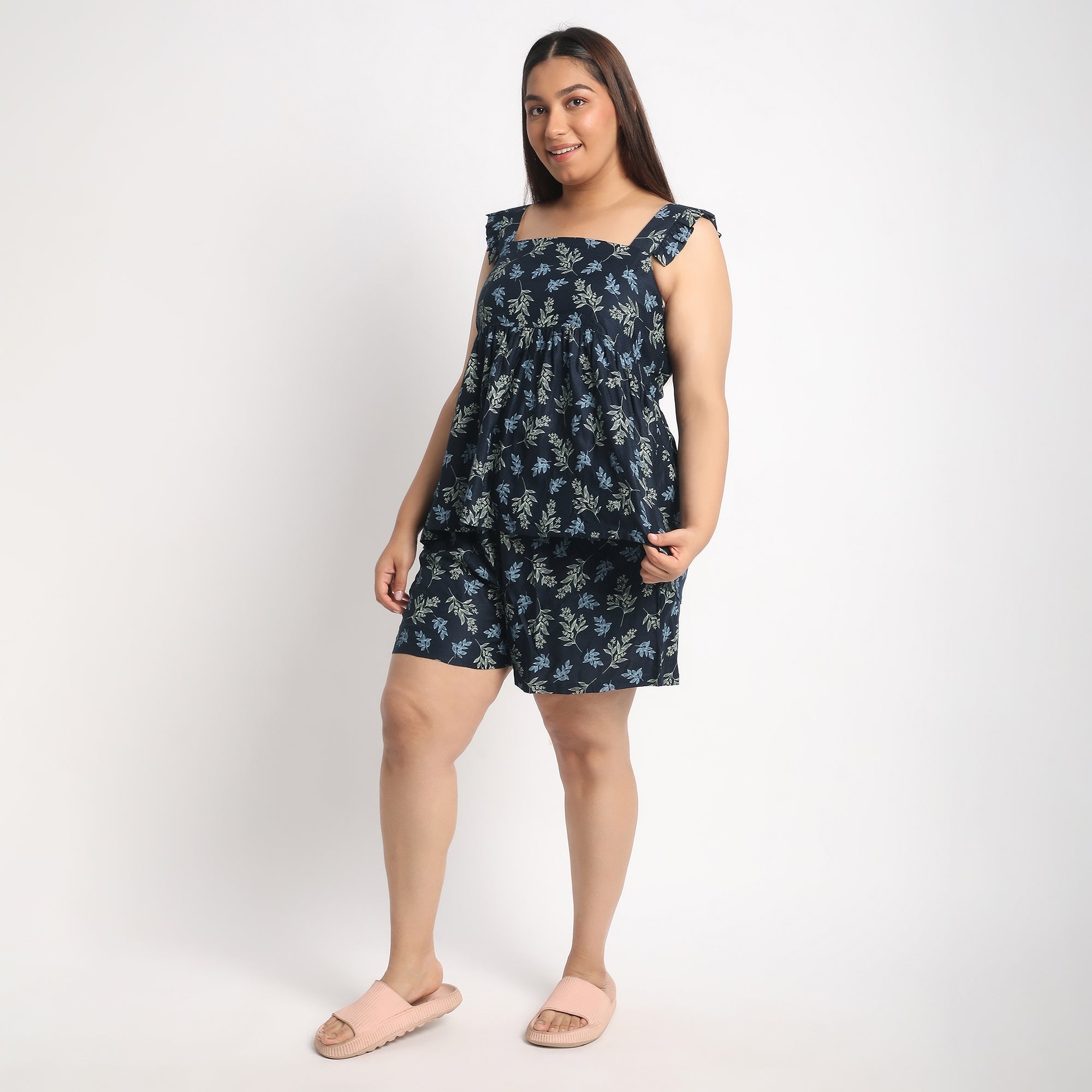 Navy Viscose Dobby Plus Size Ruffle Sleeve Short Set Product Image 1