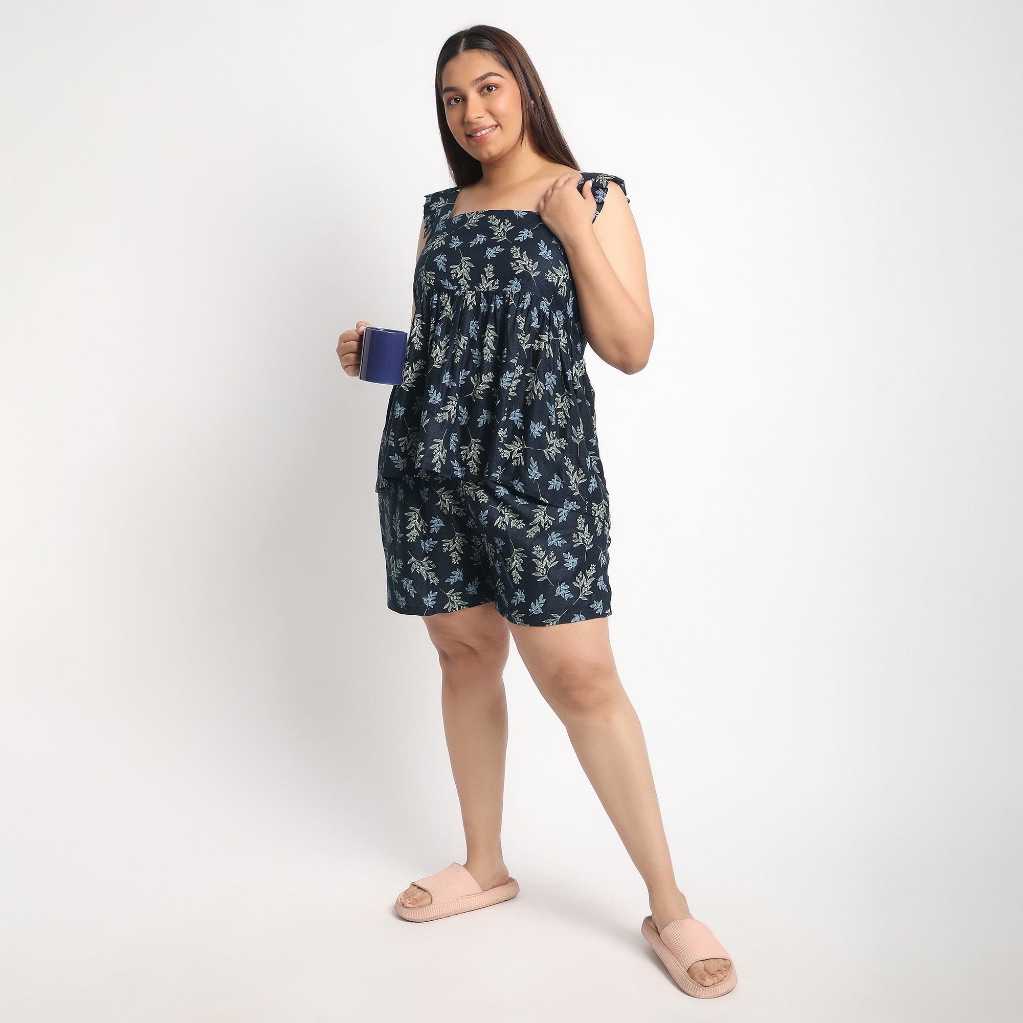 Navy Viscose Dobby Plus Size Ruffle Sleeve Short Set Product Image 4