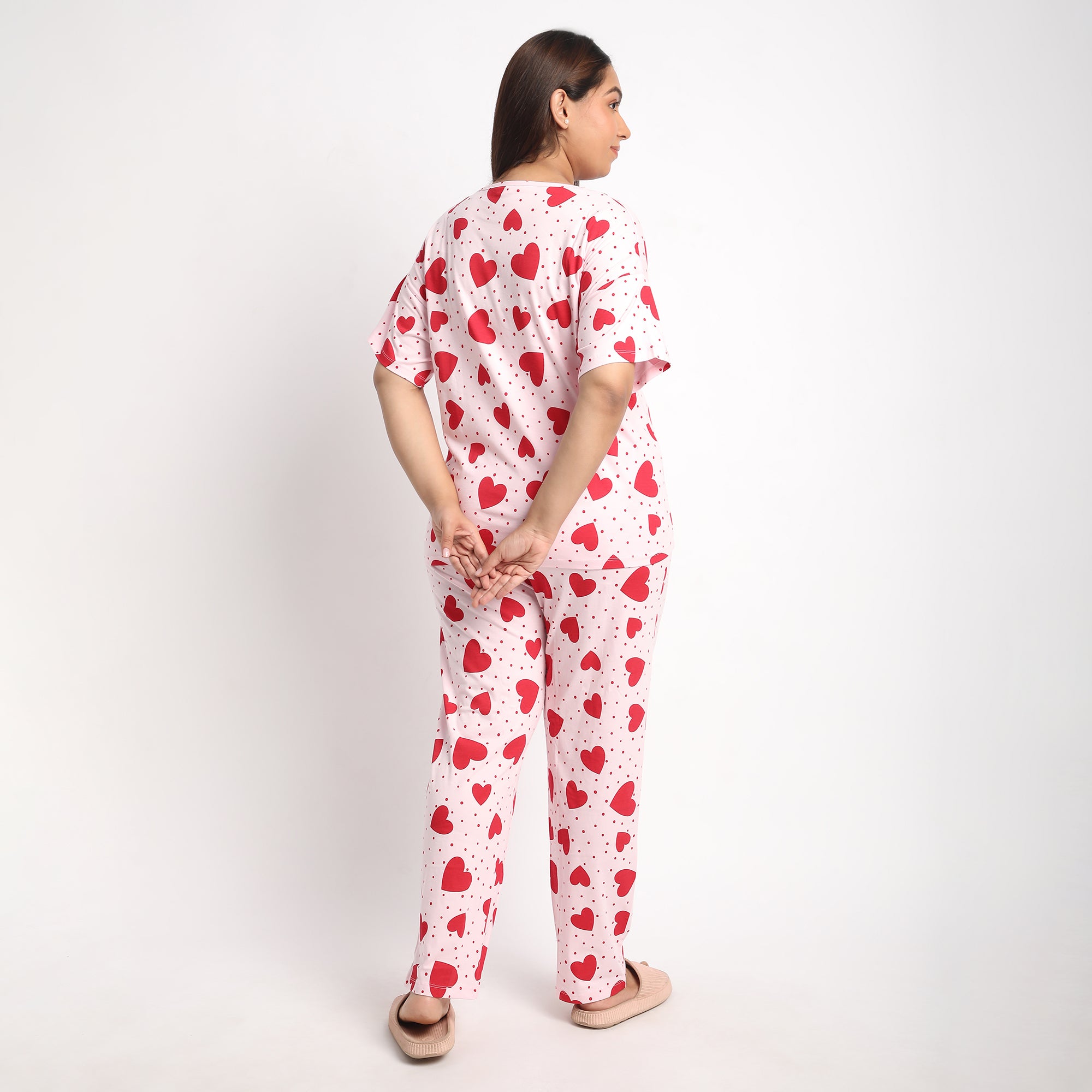 Pink Heart Print Plus Size Cotton Jersey PJ Set Product Image 5