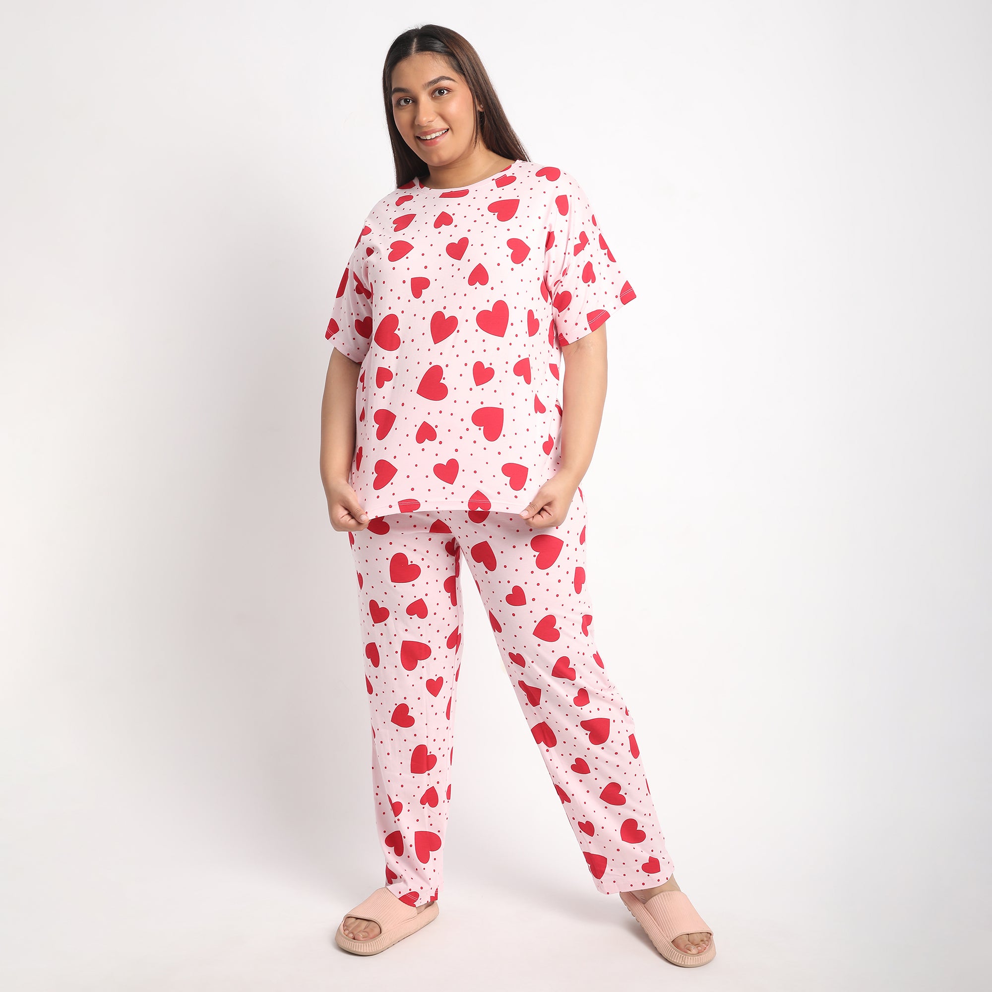 Pink Heart Print Plus Size Cotton Jersey PJ Set Product Image 1