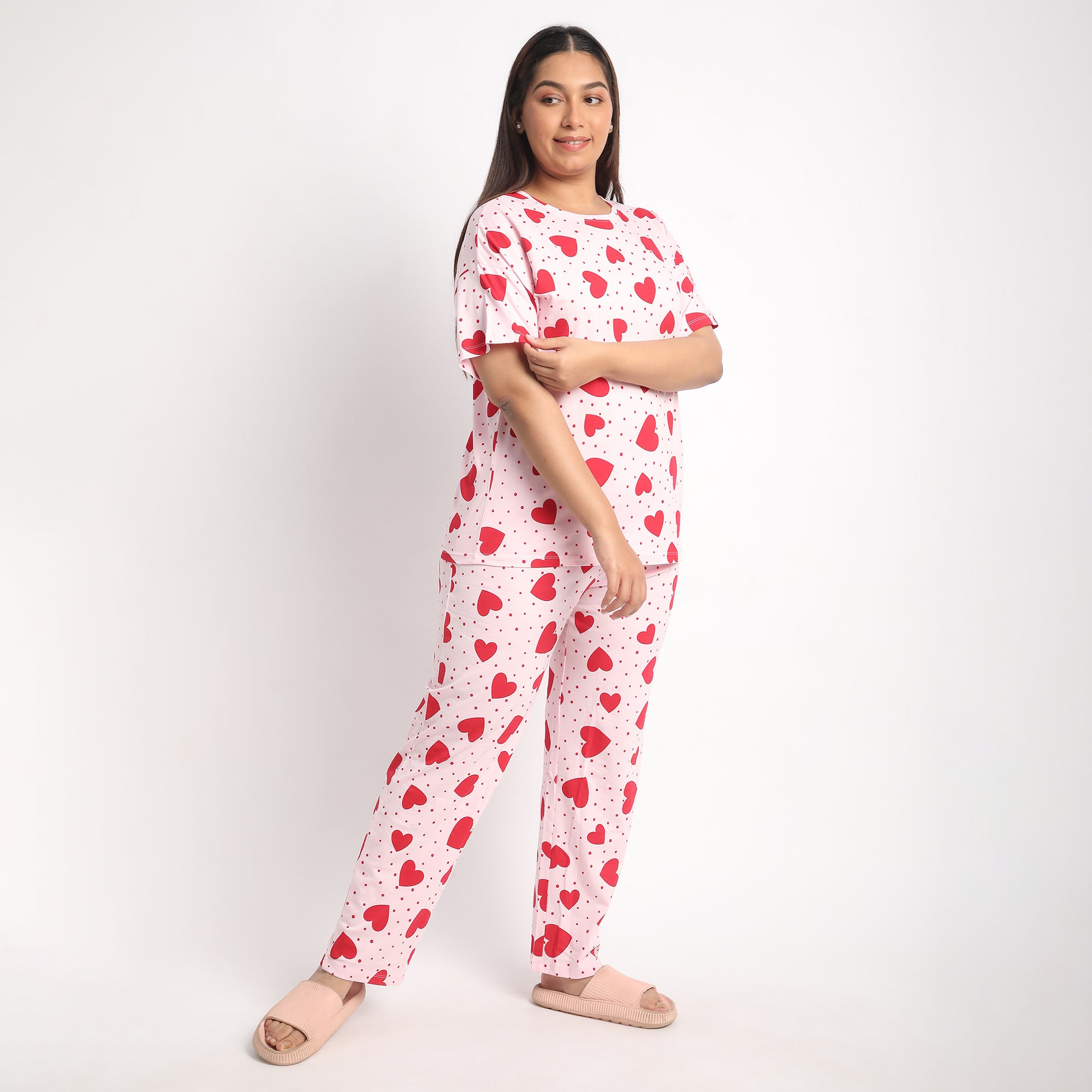 Pink Heart Print Plus Size Cotton Jersey PJ Set Product Image 2