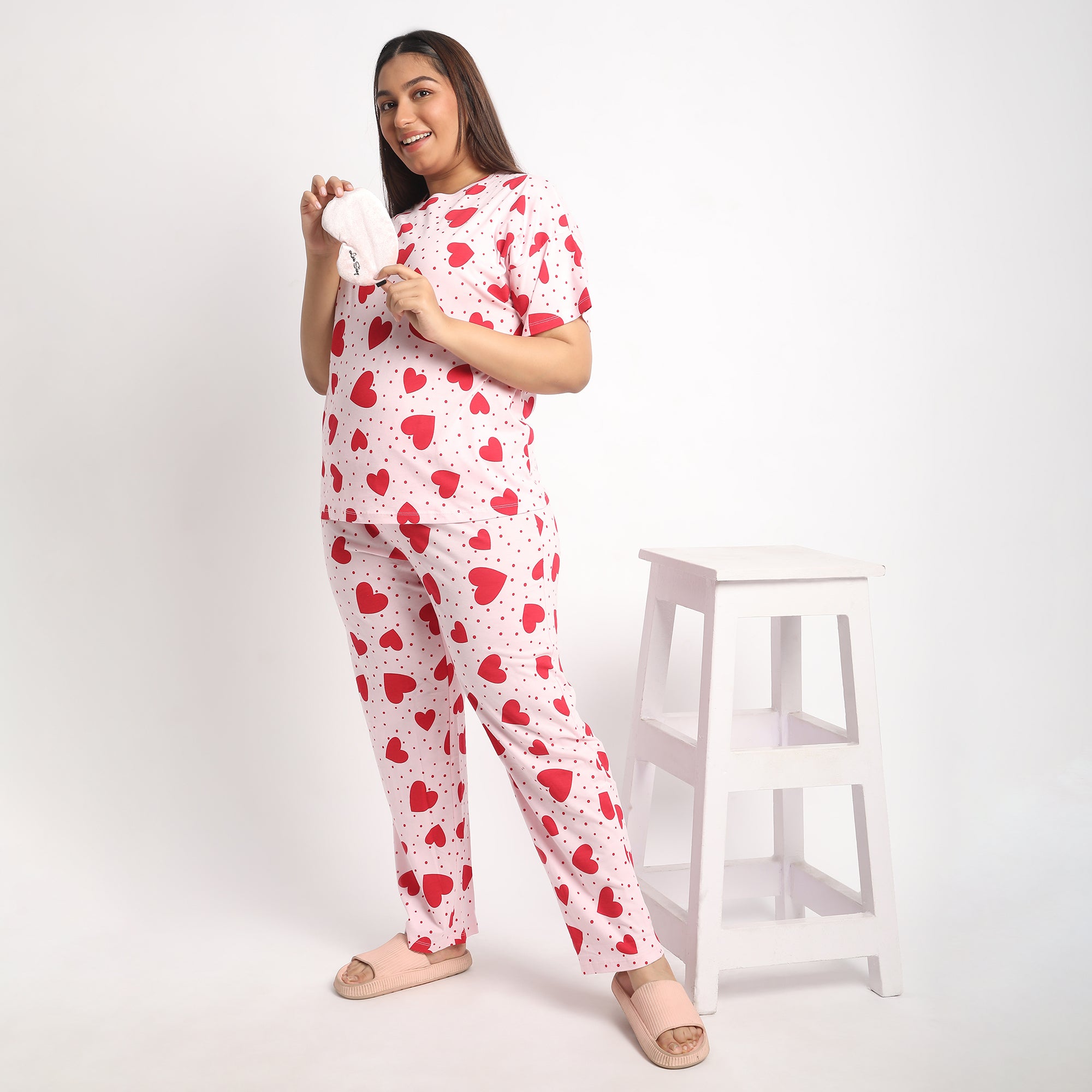 Pink Heart Print Plus Size Cotton Jersey PJ Set Product Image 3