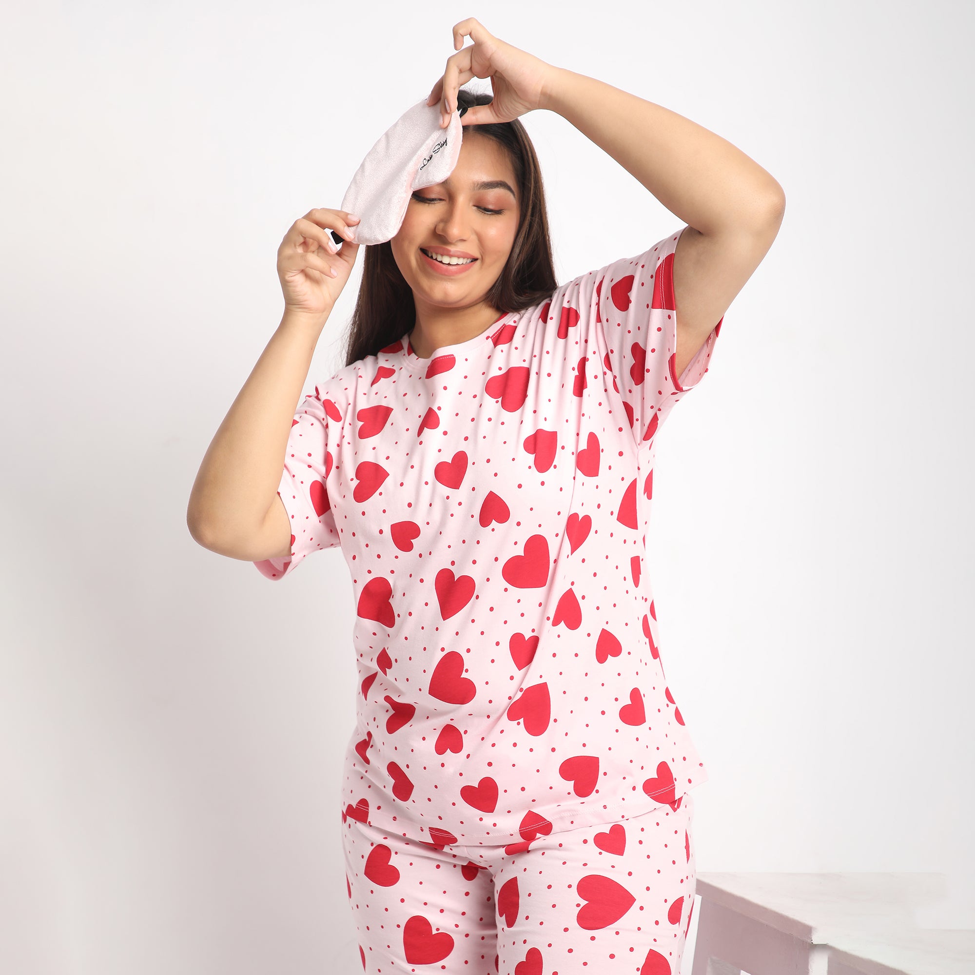 Pink Heart Print Plus Size Cotton Jersey PJ Set Product Image 4