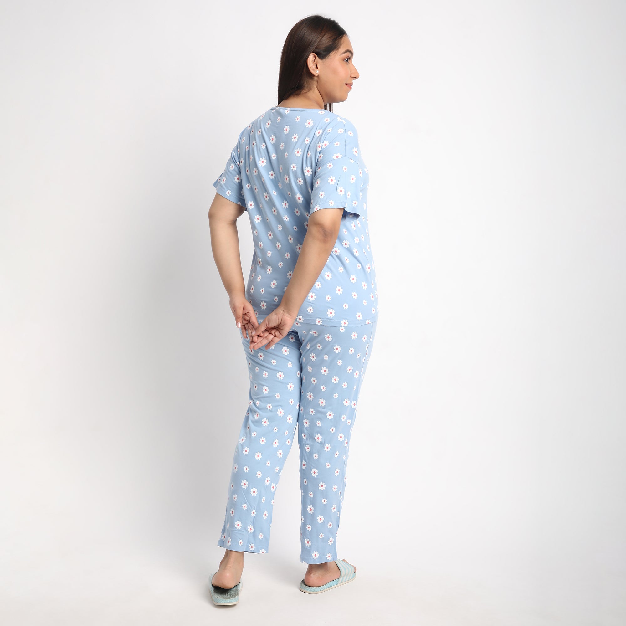 Blue Floral Print Plus Size Cotton Jersey PJ Set Product Image 7