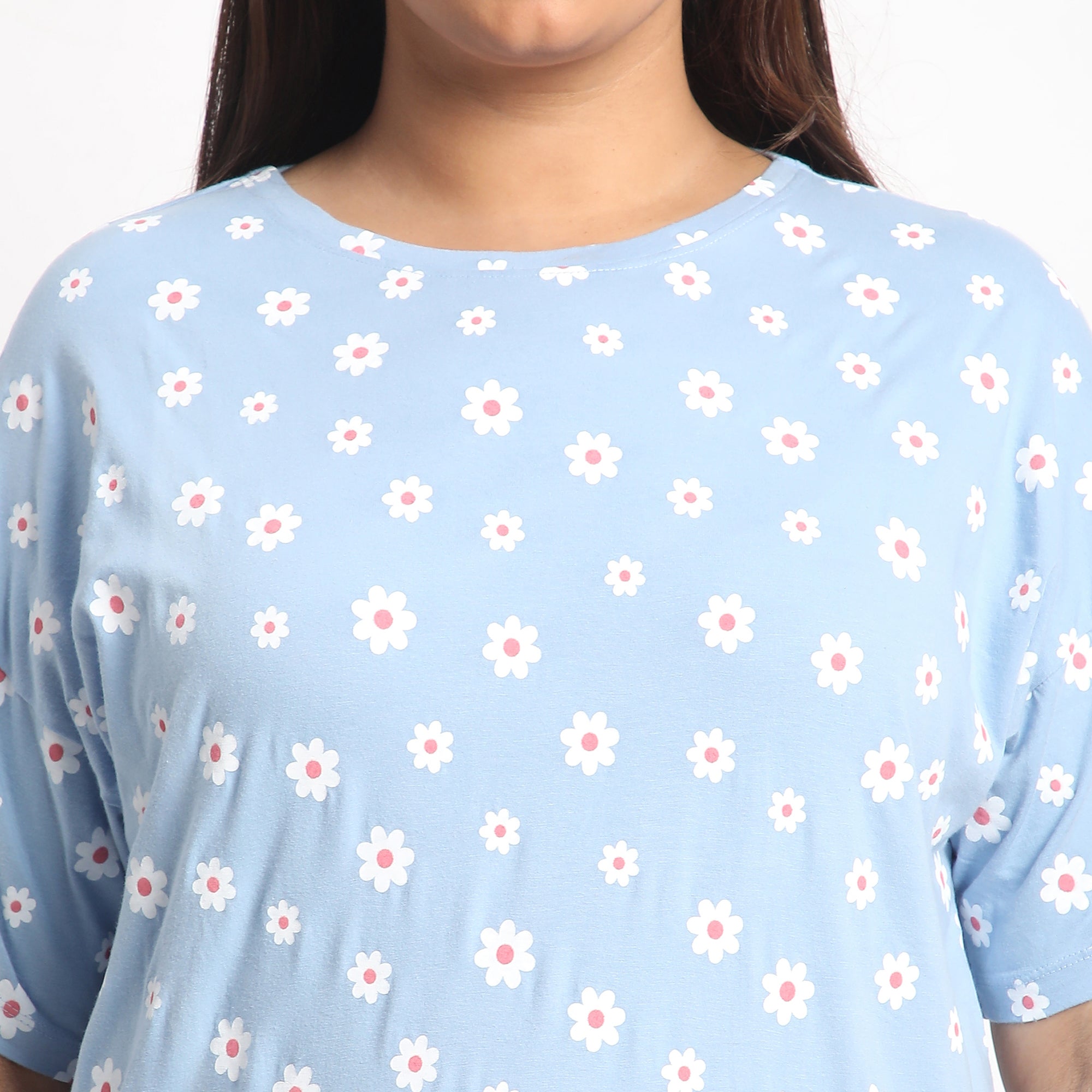 Blue Floral Print Plus Size Cotton Jersey PJ Set Product Image 8