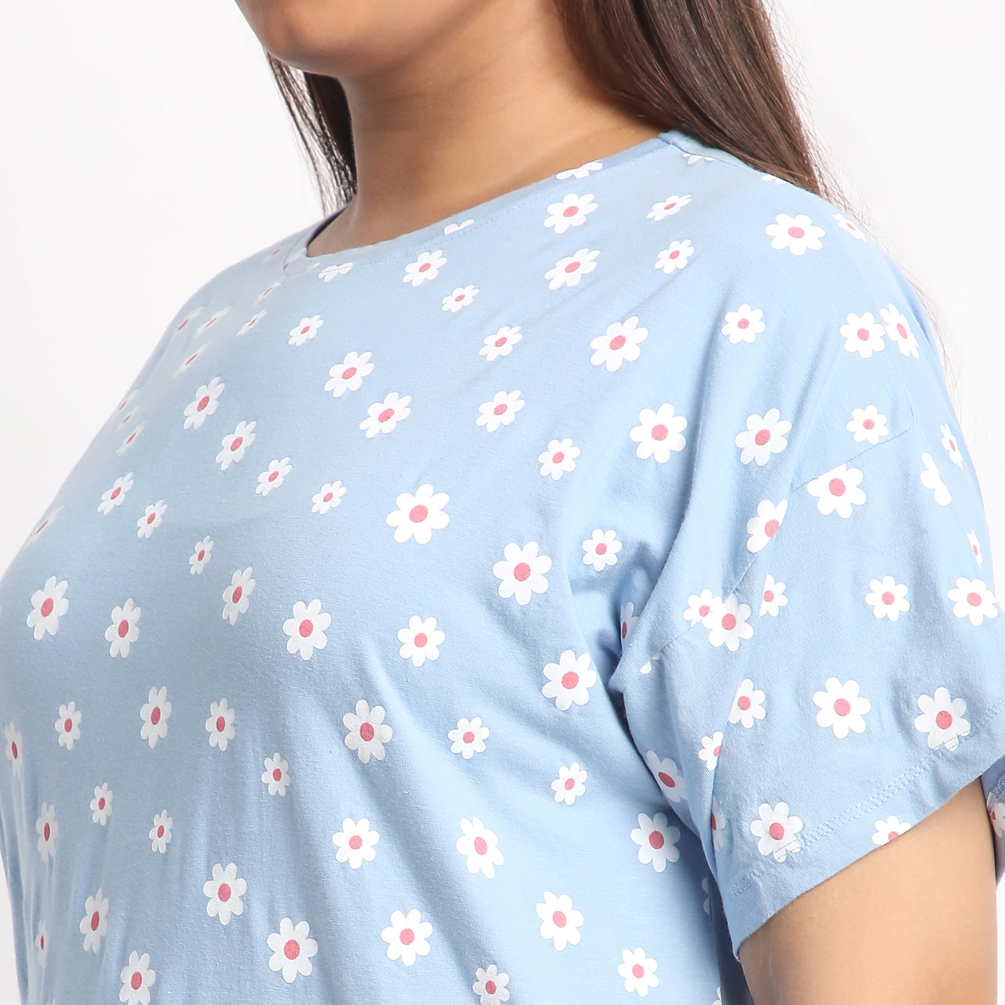 Blue Floral Print Plus Size Cotton Jersey PJ Set Product Image 5