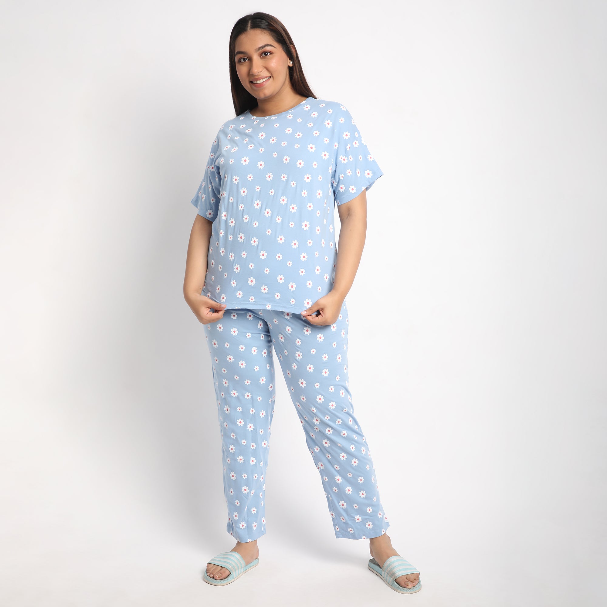 Blue Floral Print Plus Size Cotton Jersey PJ Set Product Image 1