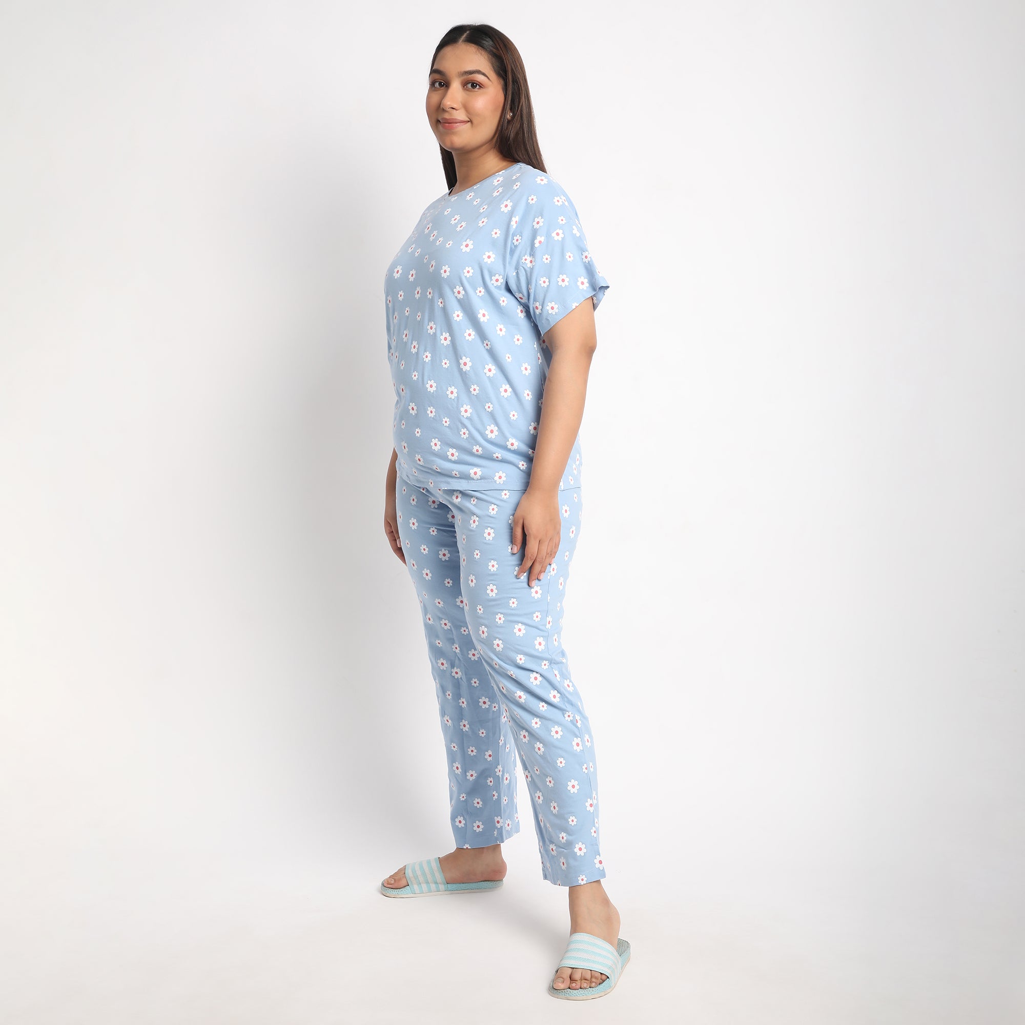 Blue Floral Print Plus Size Cotton Jersey PJ Set Product Image 4