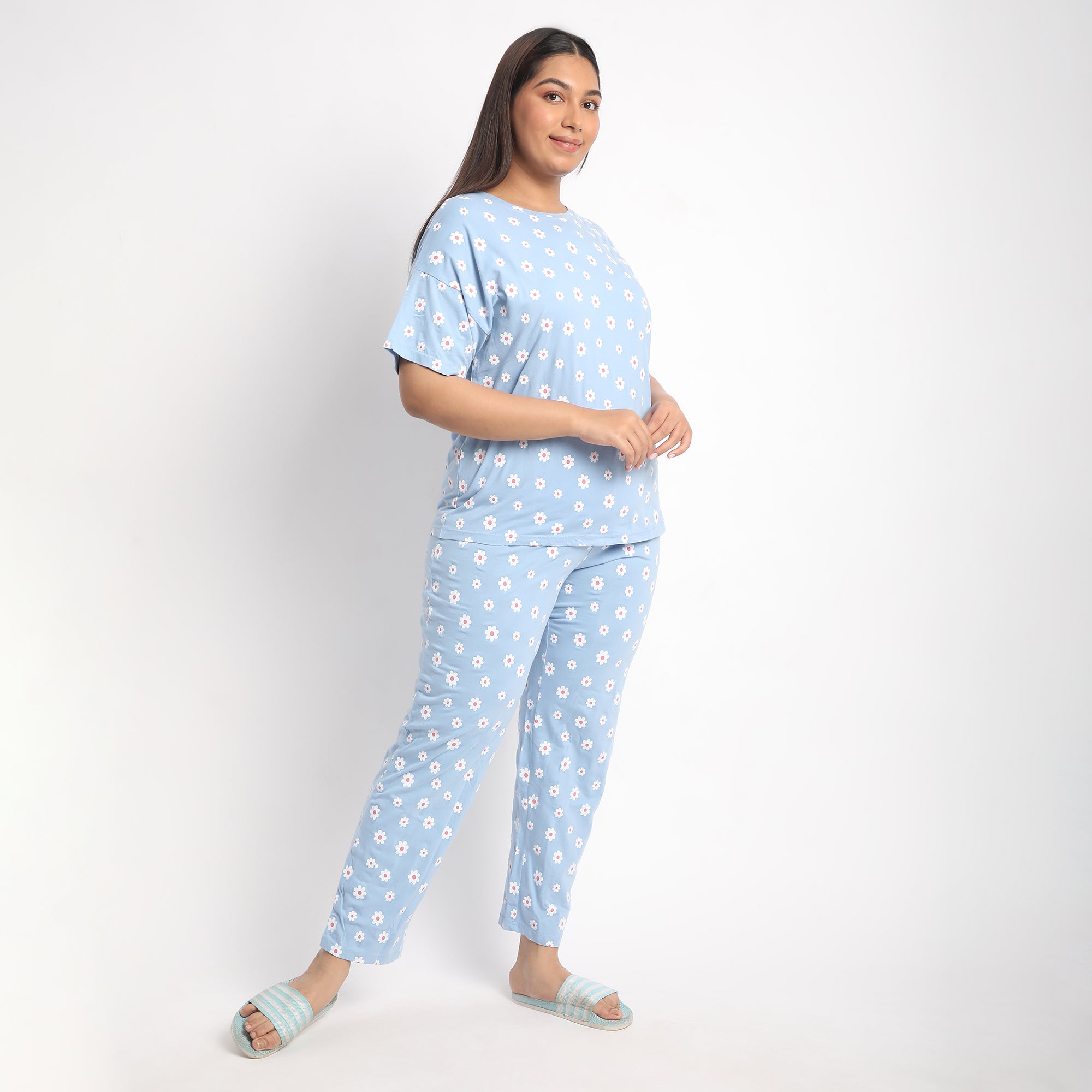 Blue Floral Print Plus Size Cotton Jersey PJ Set Product Image 2