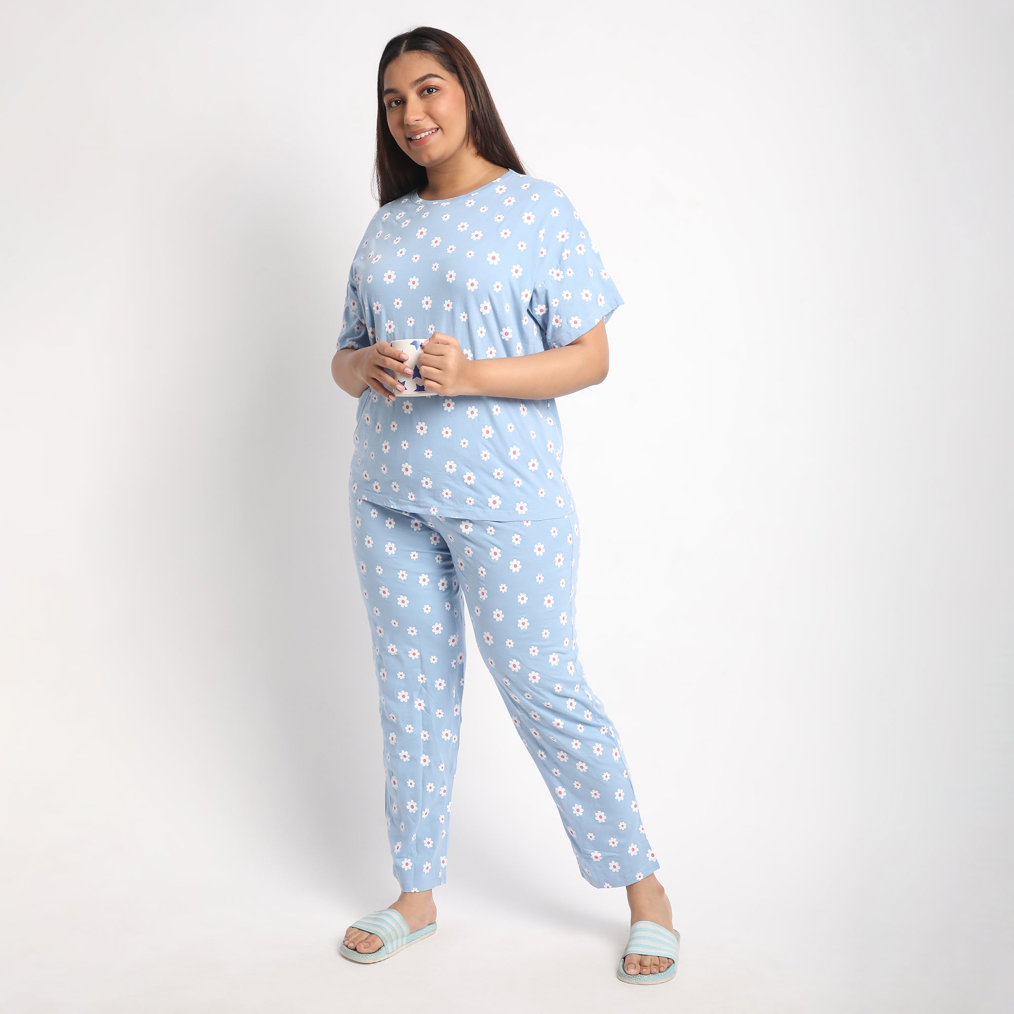 Blue Floral Print Plus Size Cotton Jersey PJ Set Product Image 6