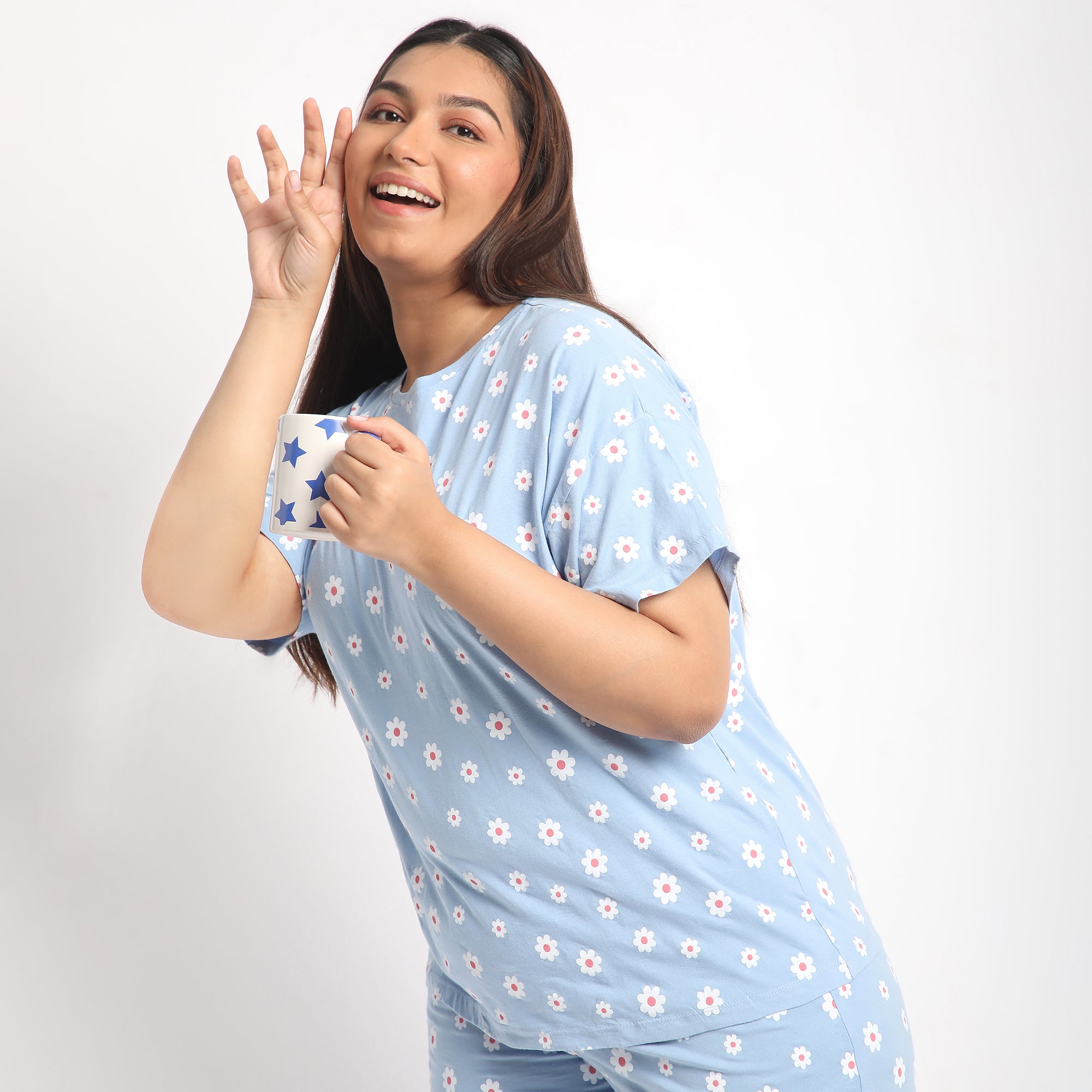 Blue Floral Print Plus Size Cotton Jersey PJ Set Product Image 3