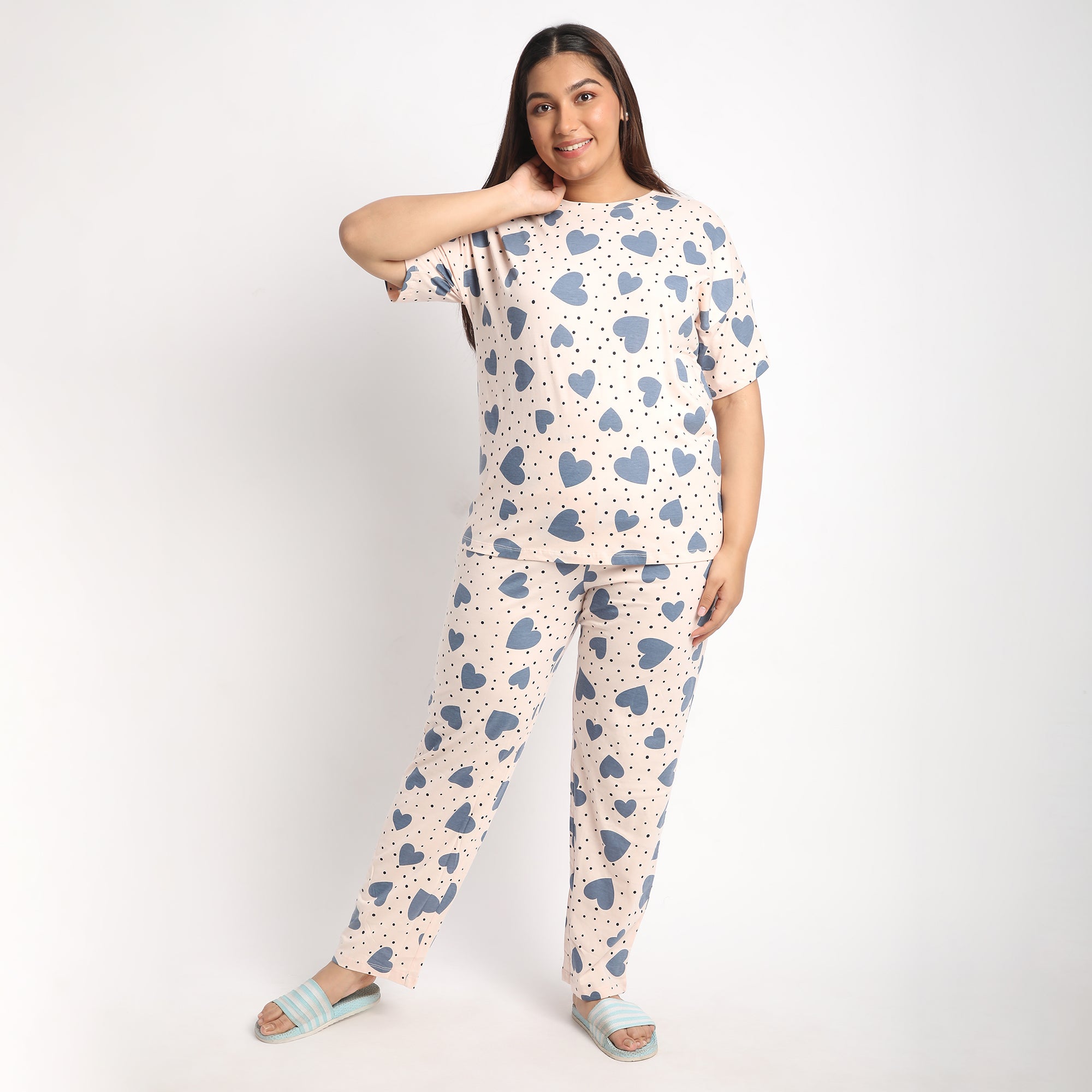 Peach Heart Print Plus Size Cotton Jersey PJ Set Product Image 1