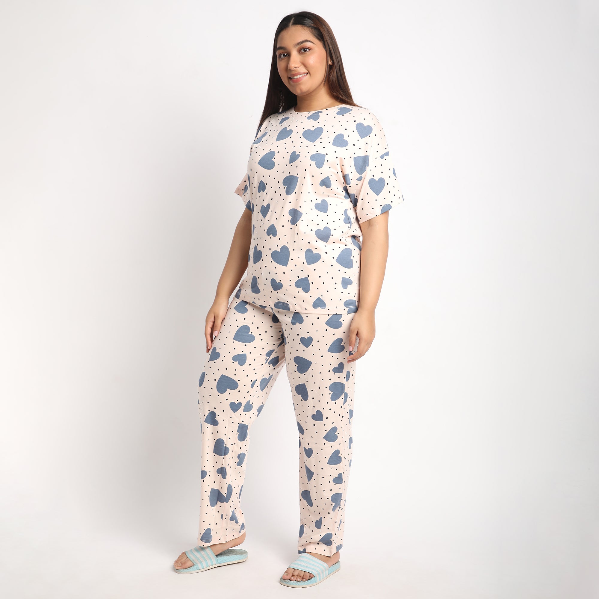 Peach Heart Print Plus Size Cotton Jersey PJ Set Product Image 3