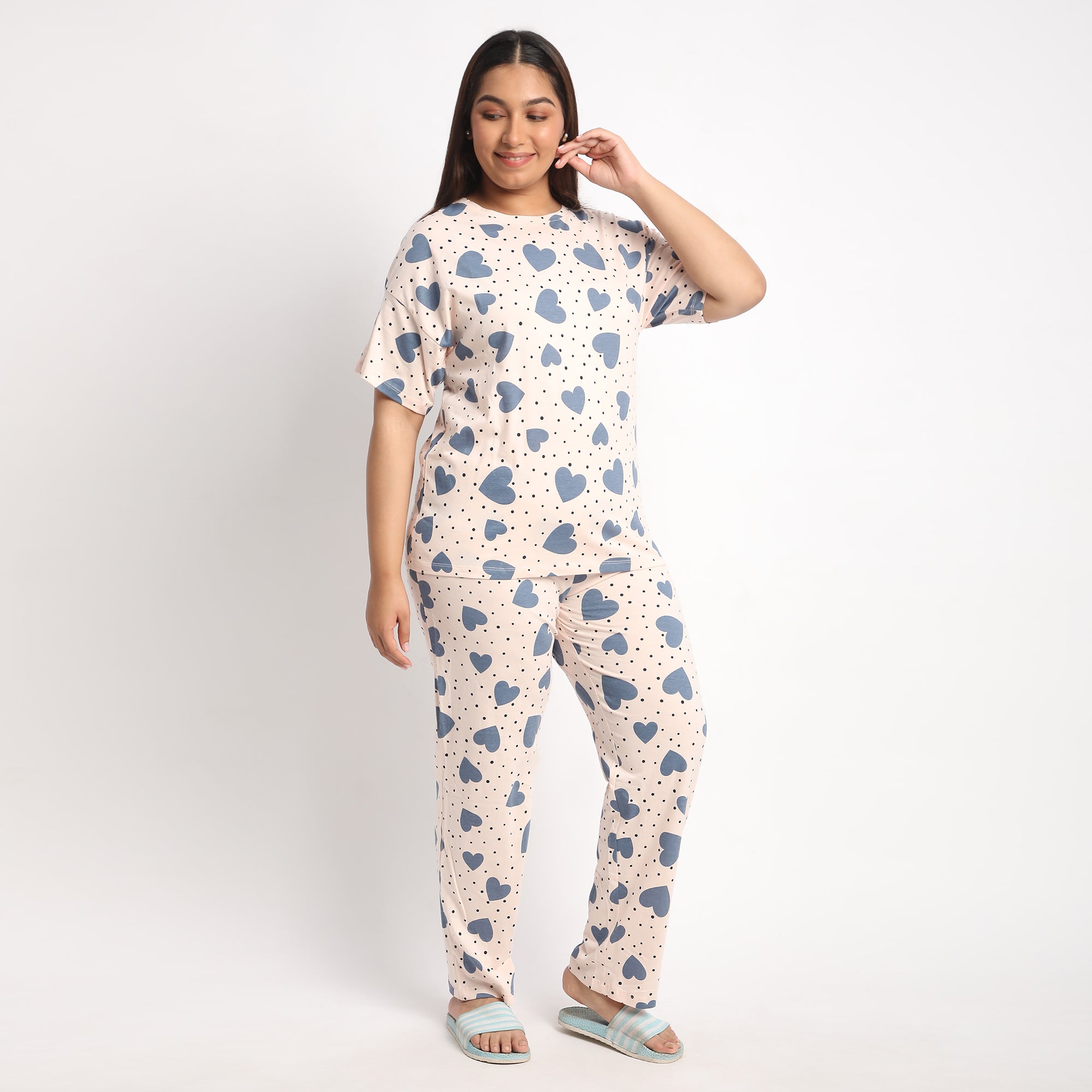 Peach Heart Print Plus Size Cotton Jersey PJ Set Product Image 2