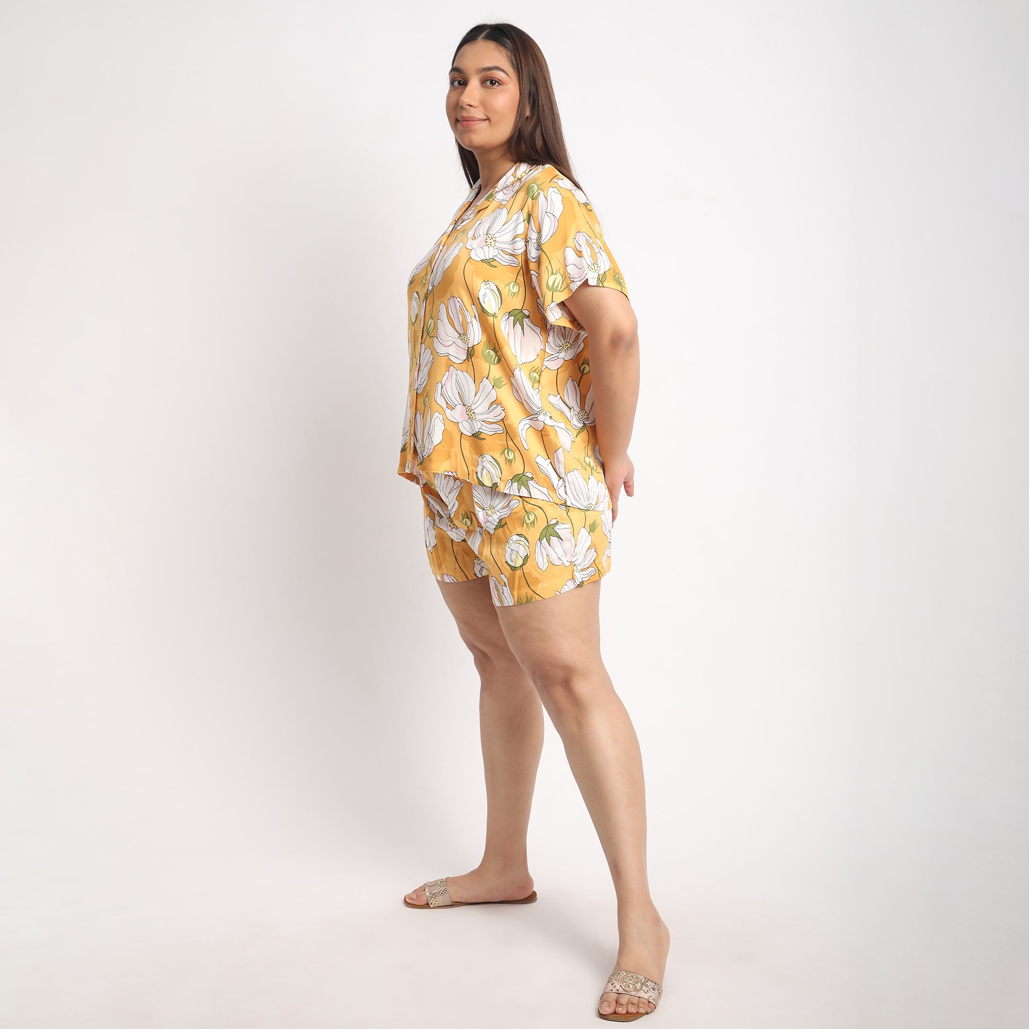 Yellow Floral Print Viscose Satin Short Set Product Image 2