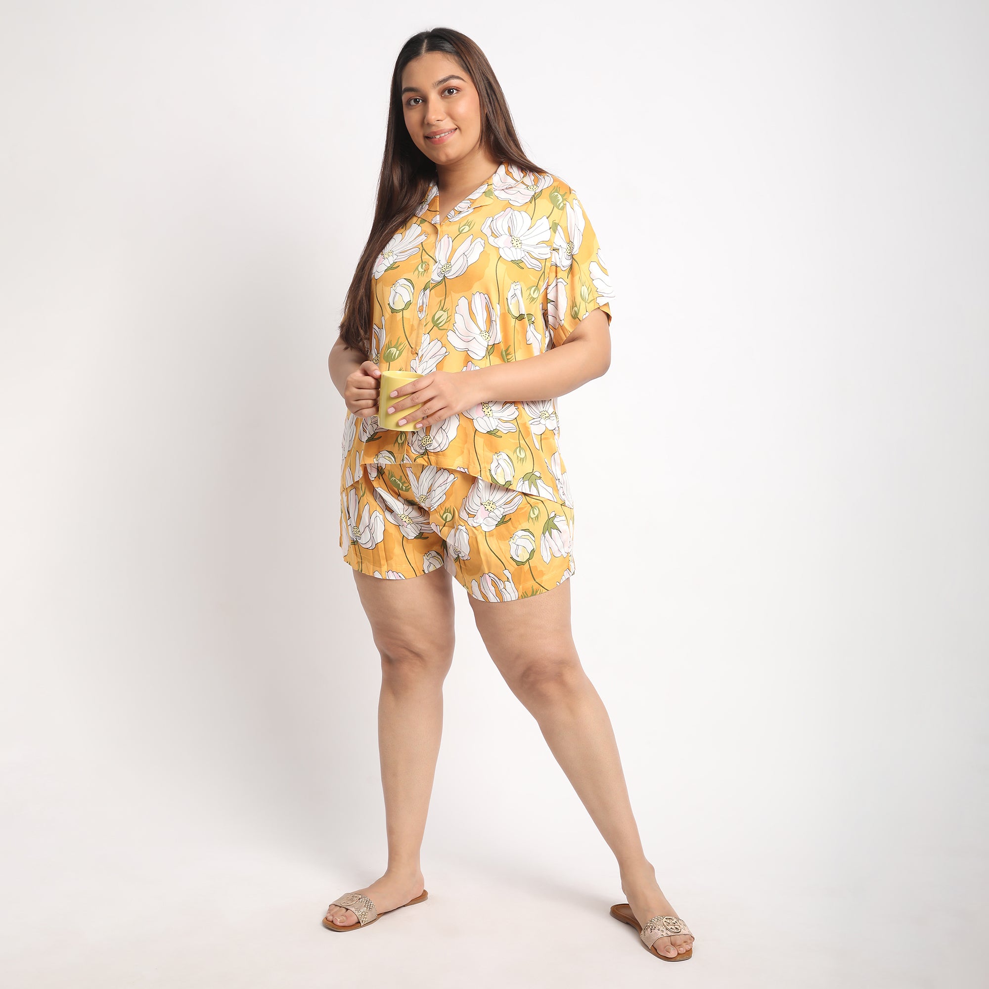 Yellow Floral Print Viscose Satin Short Set Product Image 1