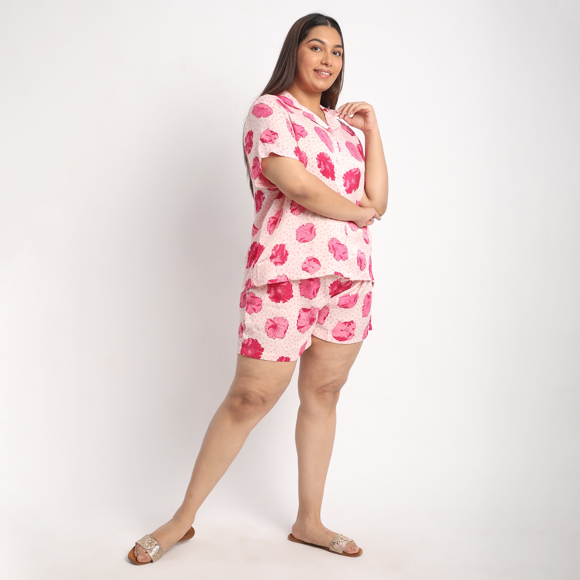 Pink Floral Print Velvet Satin Plus Size Short Set Product Image 3