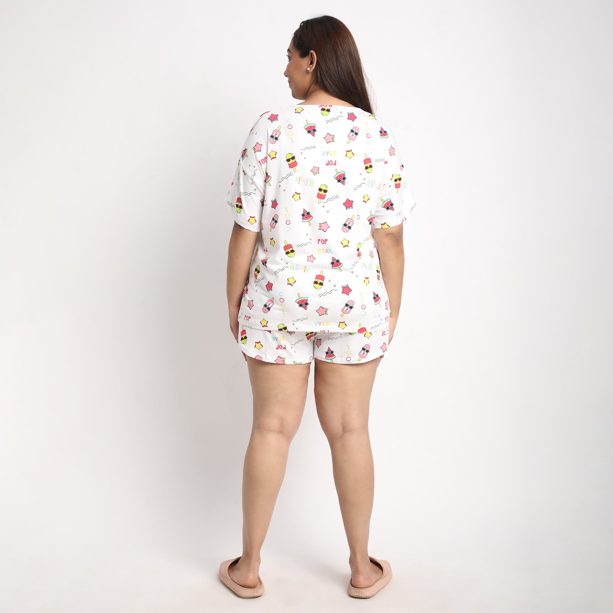 White Cotton Popsicle Print Plus Size Jersey Short Set Product Image 3