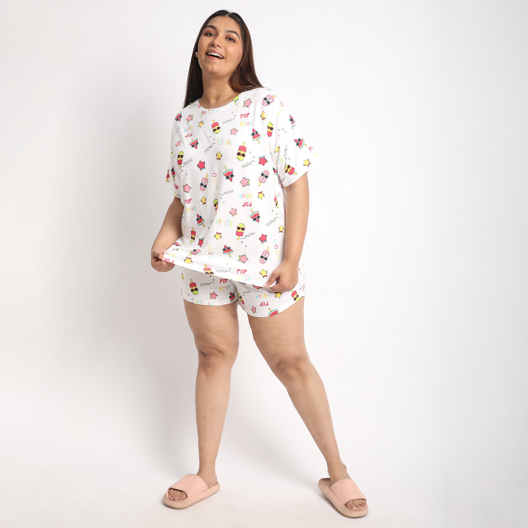 White Cotton Popsicle Print Plus Size Jersey Short Set Product Image 1