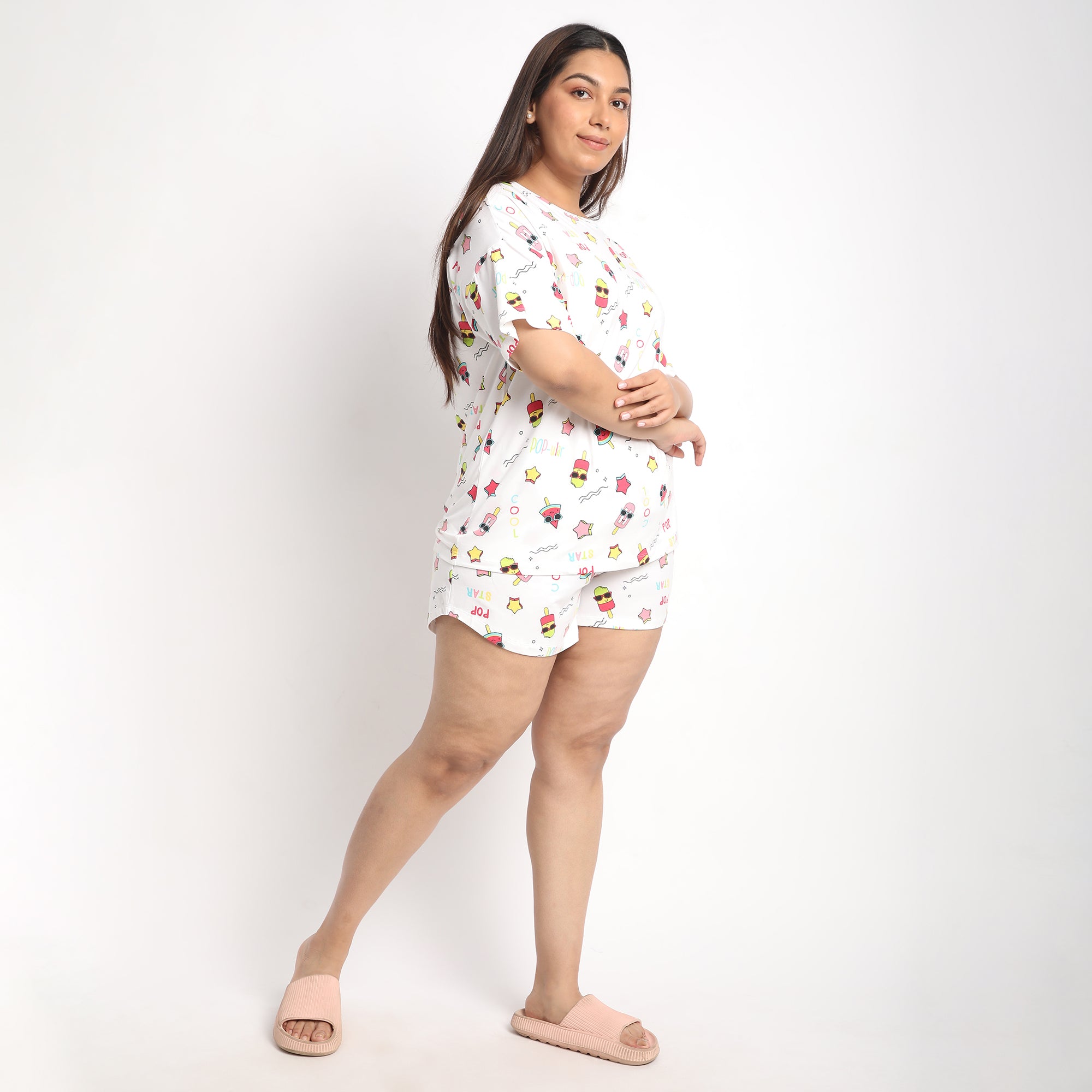 White Cotton Popsicle Print Plus Size Jersey Short Set Product Image 2