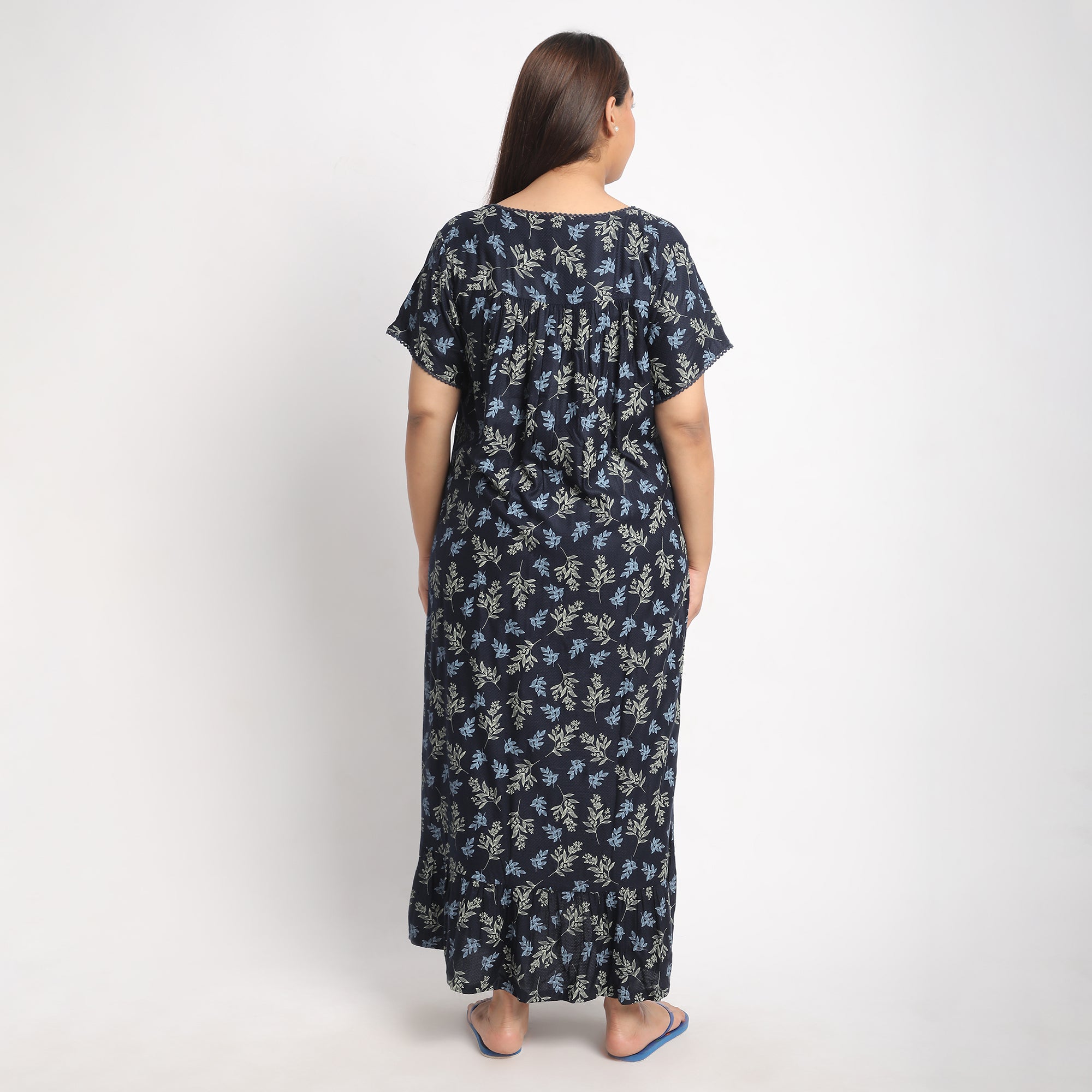 Navy Floral Printed Plus Size Viscose Dobby Night Dress Product Image 3