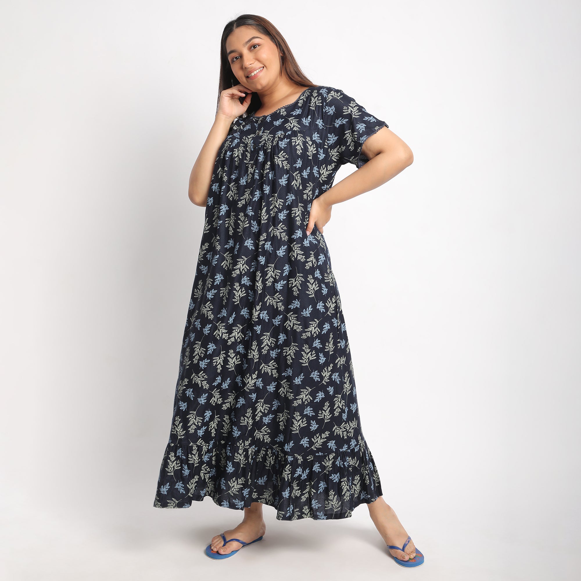 Navy Floral Printed Plus Size Viscose Dobby Night Dress Product Image 2