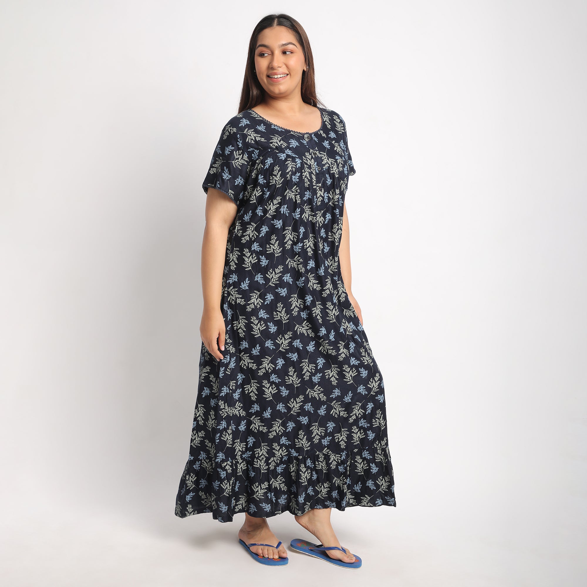 Navy Floral Printed Plus Size Viscose Dobby Night Dress Product Image 1