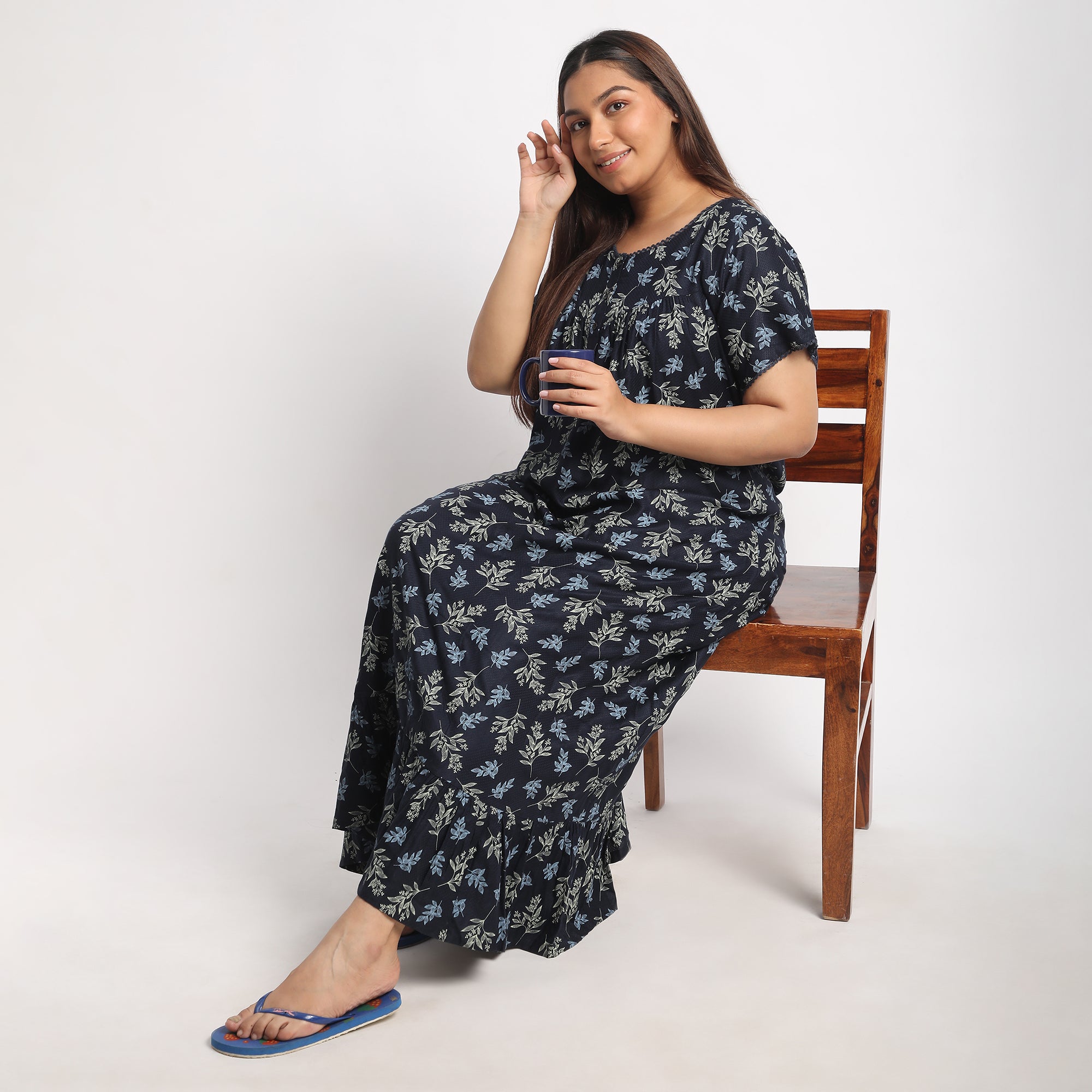 Navy Floral Printed Plus Size Viscose Dobby Night Dress Product Image 4