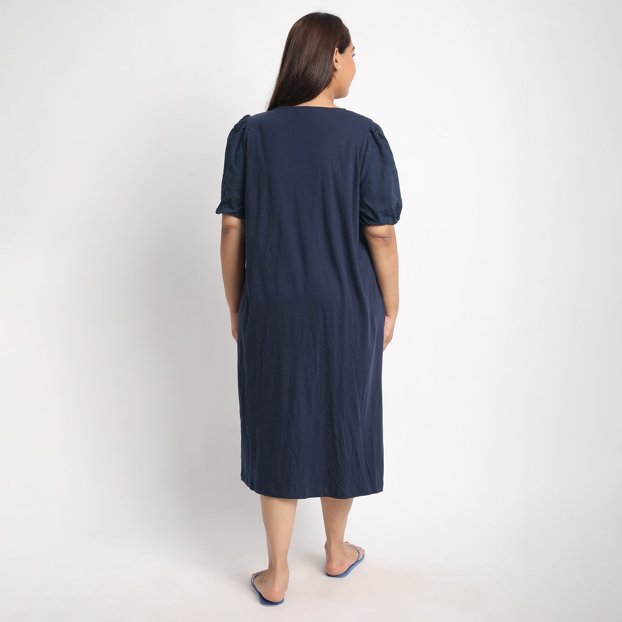 Navy Cotton Jersey Plus Size Night Dress with Schiffli Sleeves Product Image 4