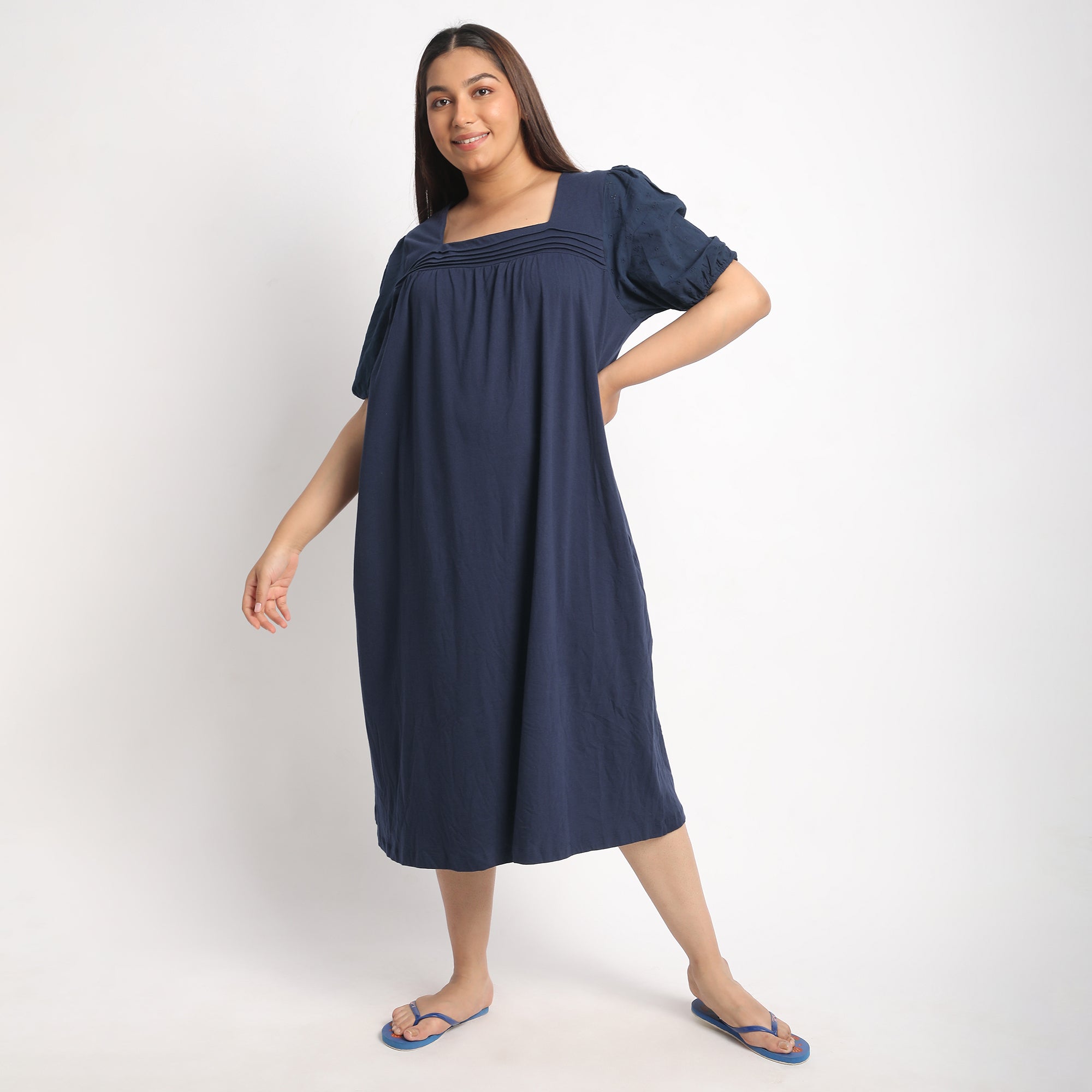 Navy Cotton Jersey Plus Size Night Dress with Schiffli Sleeves Product Image 2