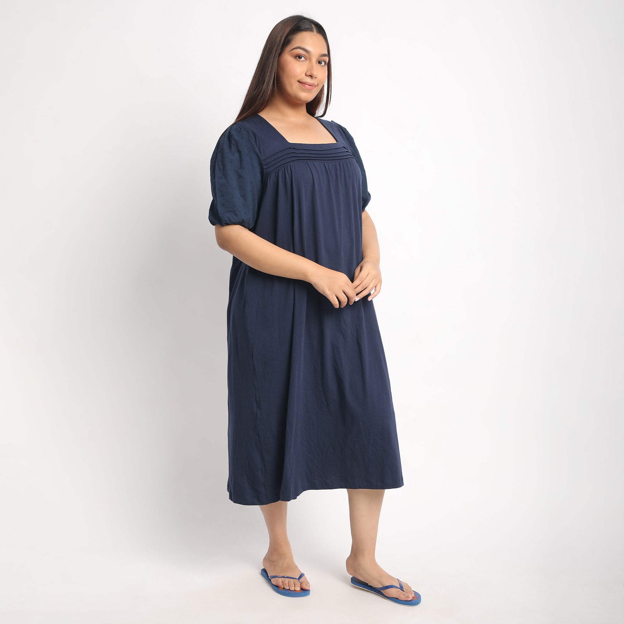 Navy Cotton Jersey Plus Size Night Dress with Schiffli Sleeves Product Image 3