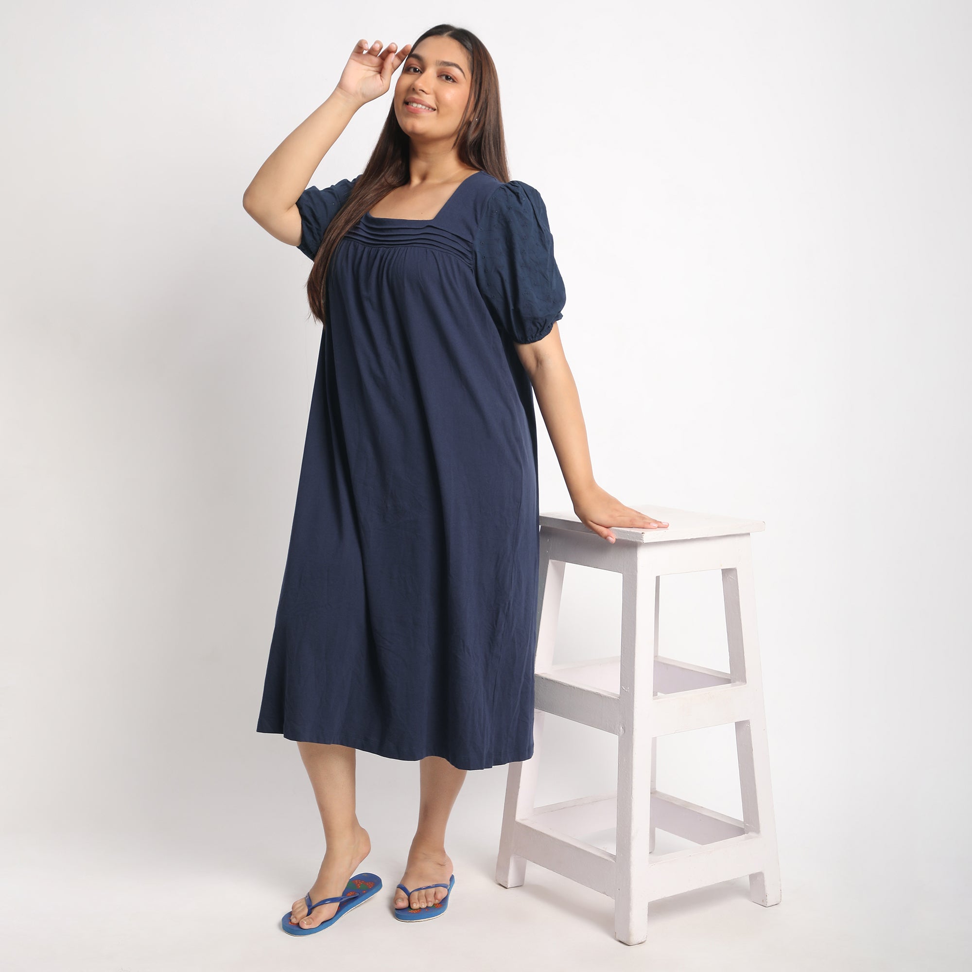 Navy Cotton Jersey Plus Size Night Dress with Schiffli Sleeves Product Image 1