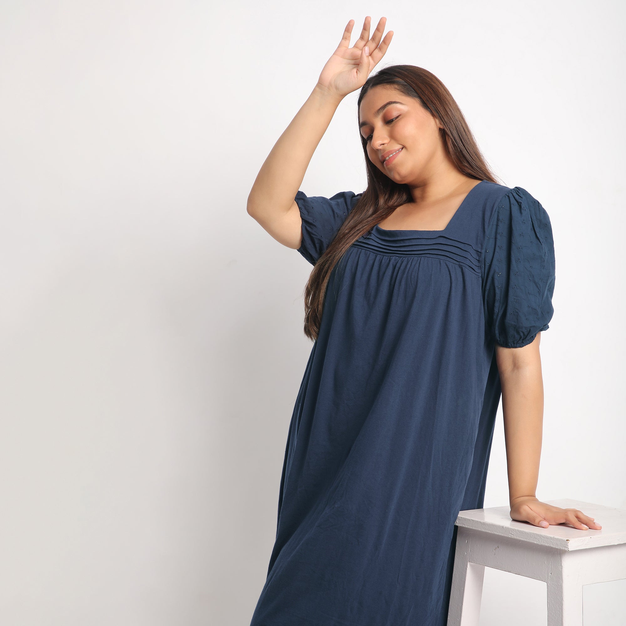 Navy Cotton Jersey Plus Size Night Dress with Schiffli Sleeves Product Image 5