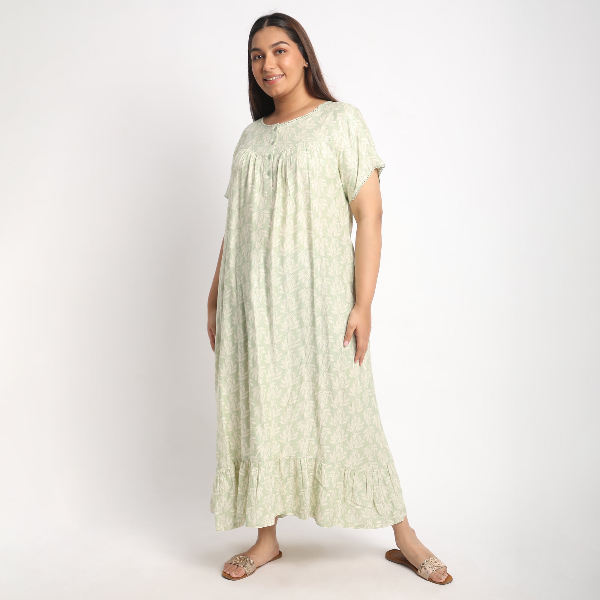 Green Printed Plus Size Viscose Dobby Night Dress Product Image 1