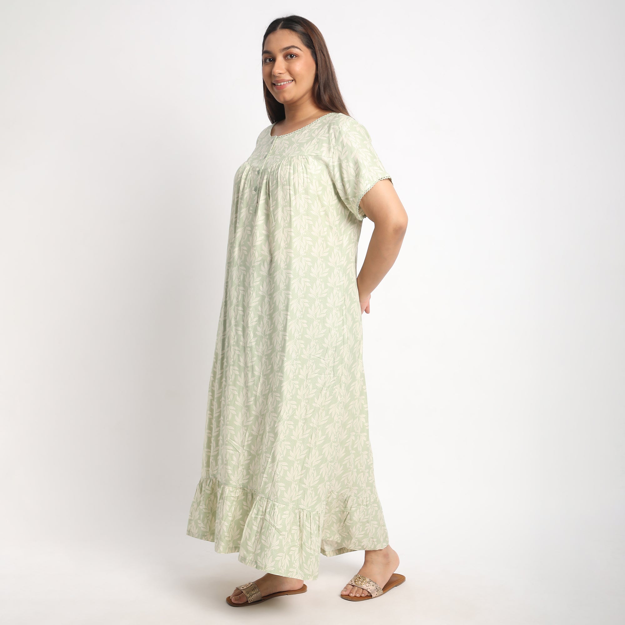 Green Printed Plus Size Viscose Dobby Night Dress Product Image 3